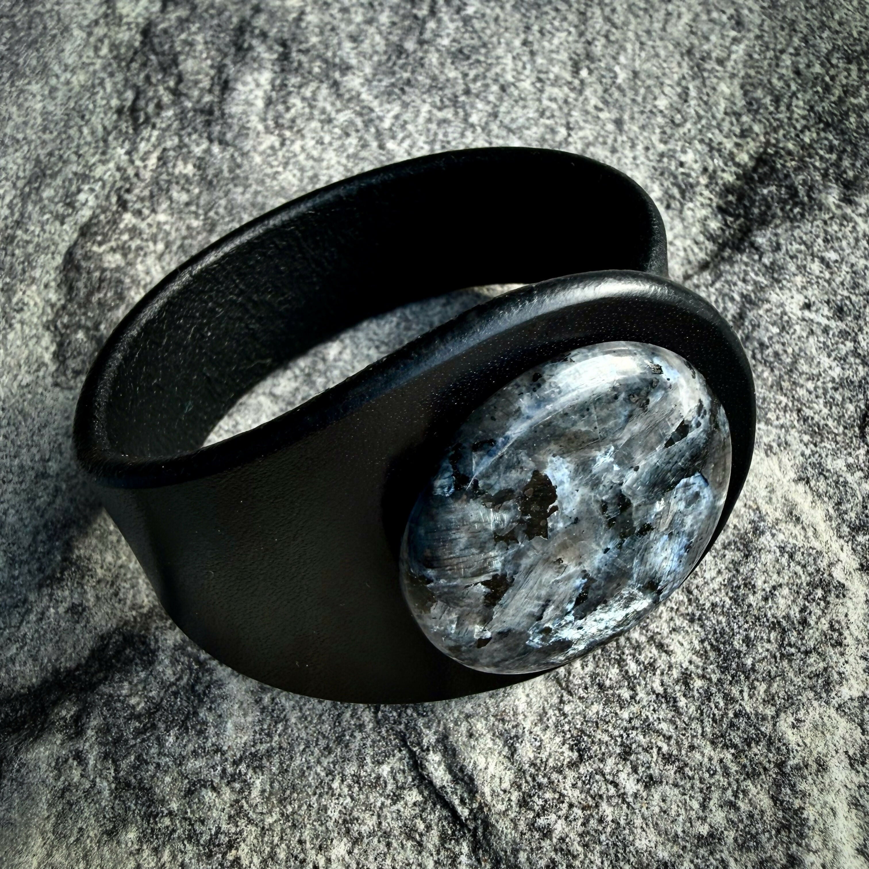 Handcrafted Natural Leather & Larvikite Gemstone Bracelet - Size S or M