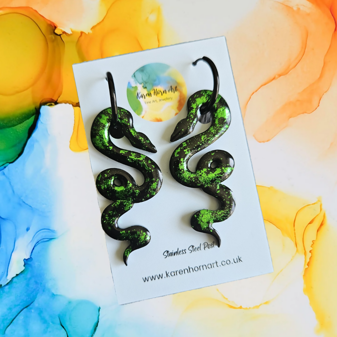 Handmade Resin Black And Green Snake Charms On Black Hoops