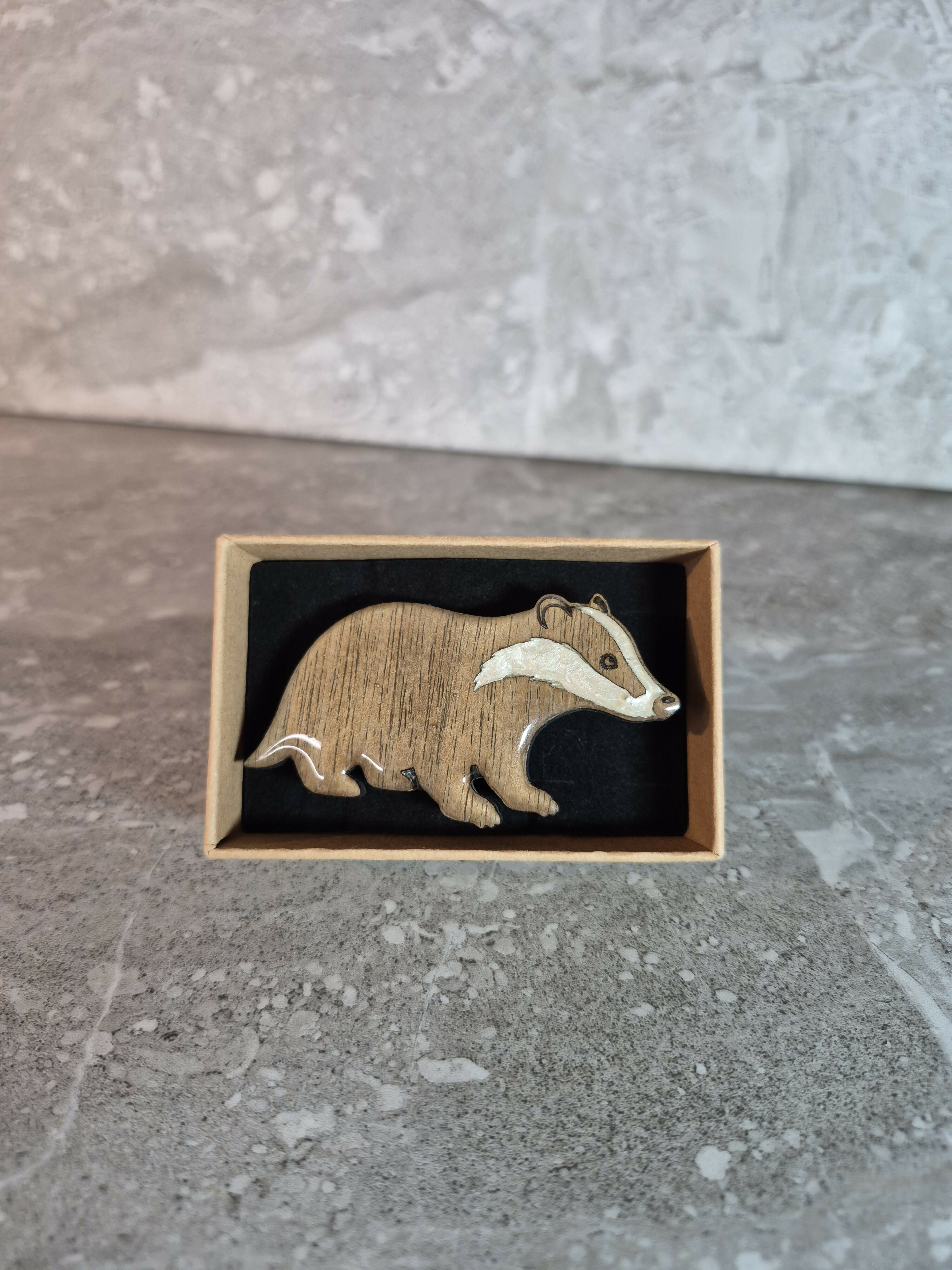 Handcrafted Walnut Veneer Badger Pin