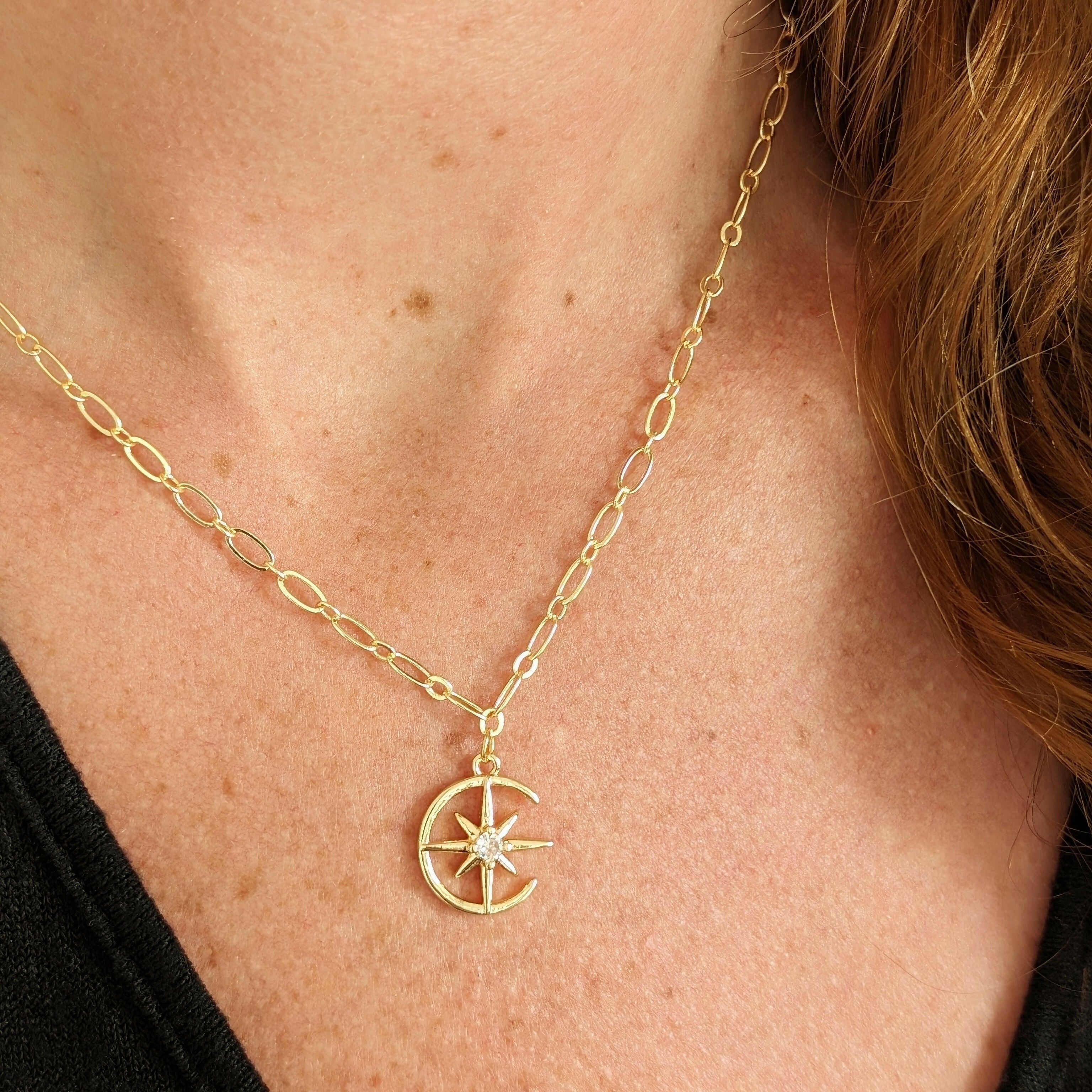 Moon and Star Necklace with Cubic Zirconia Stones on Gold Plated Oval Chain