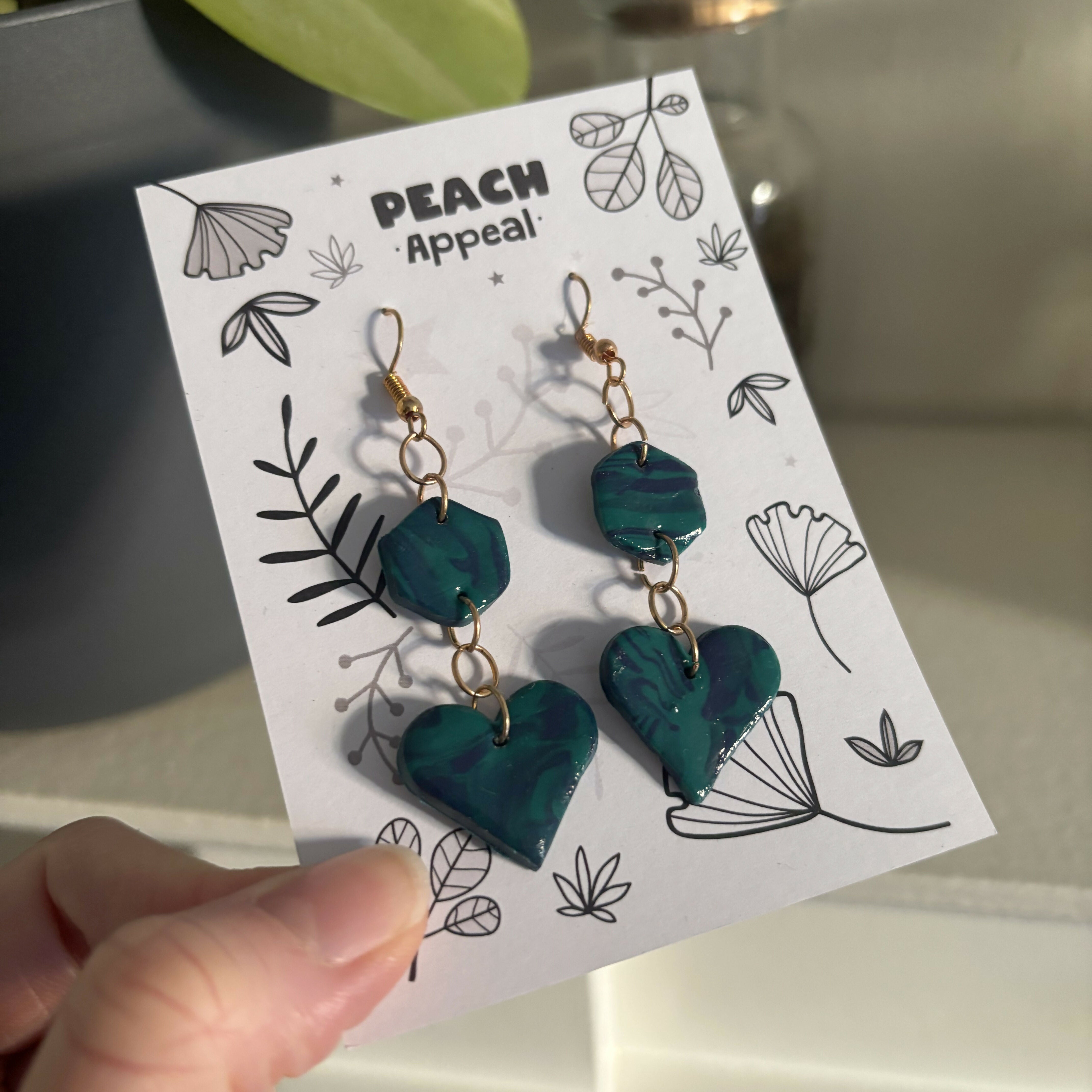 Recycled Polymer Clay Earrings - Green Heart Geometric
