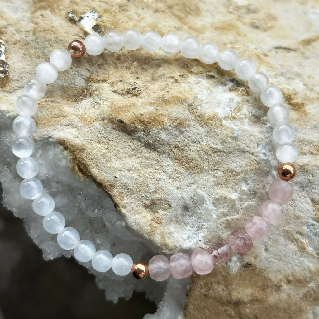 Handmade Rose Quartz, Strawberry Quartz And Selenite Stretch Bracelet