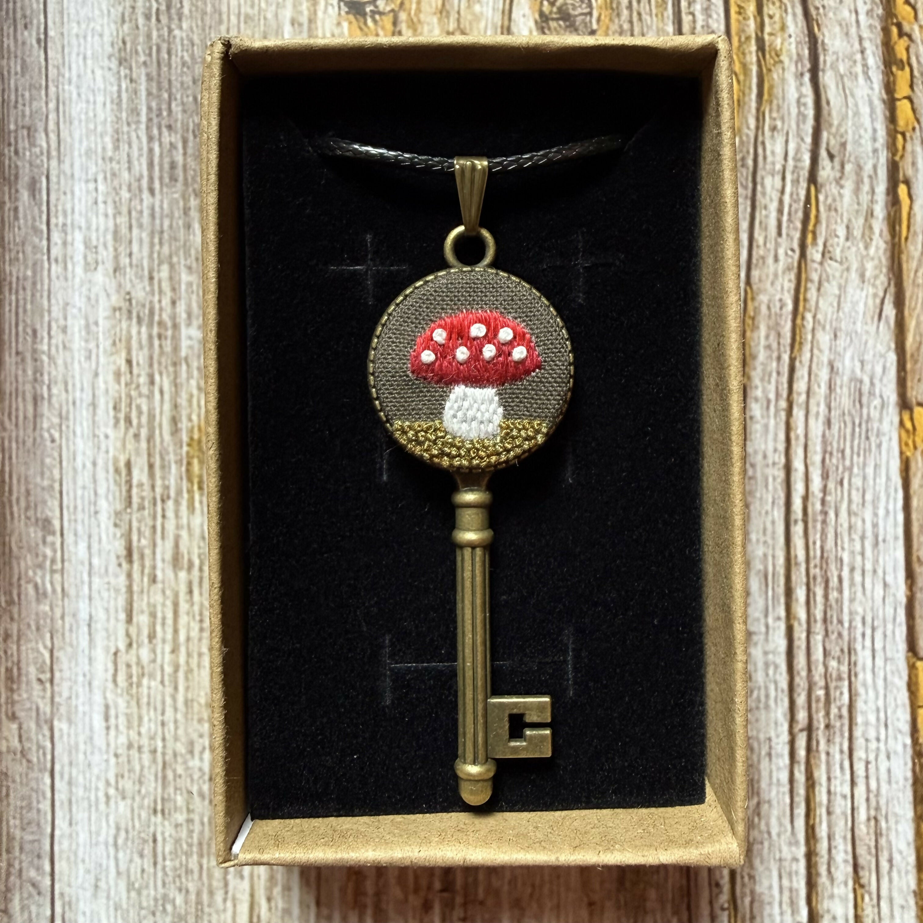 Hand Embroidered Mushroom Key Necklace