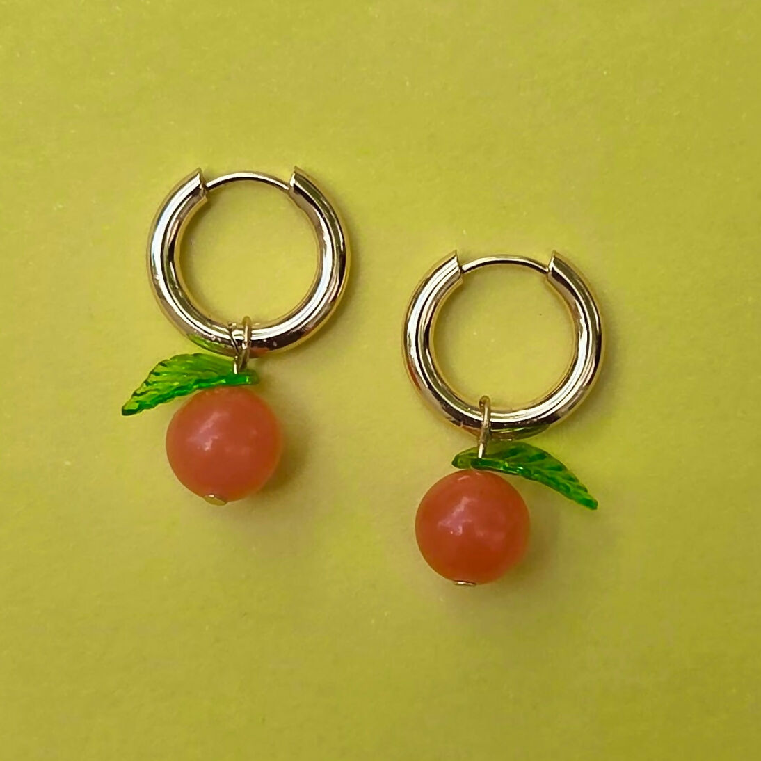 Orange Beaded Fruit Gold Huggie Hoop Earrings