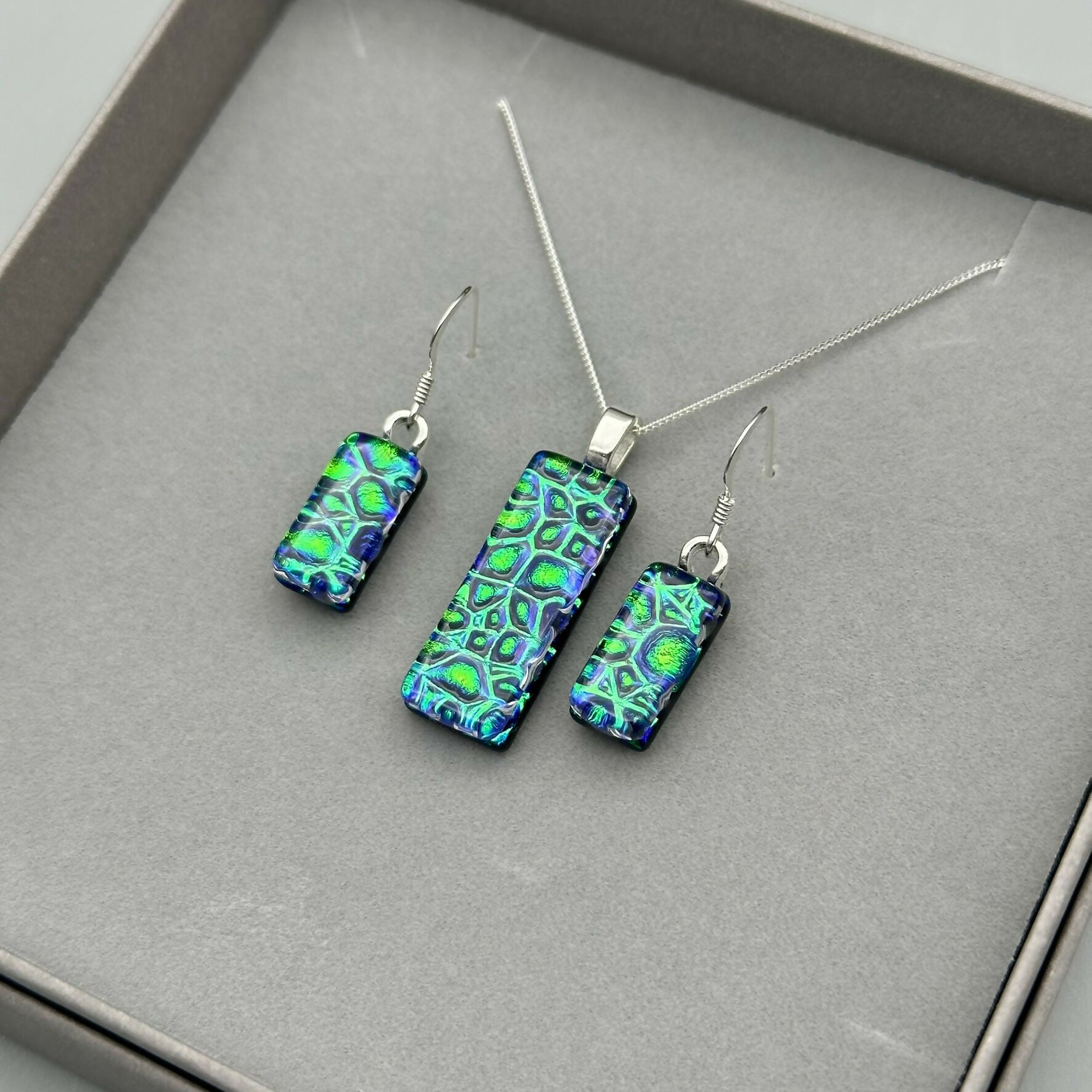 Emerald Green Raindrop Dichroic Glass Necklace and Earrings Set - Sterling Silver, Handmade by Jade Tapson Glass