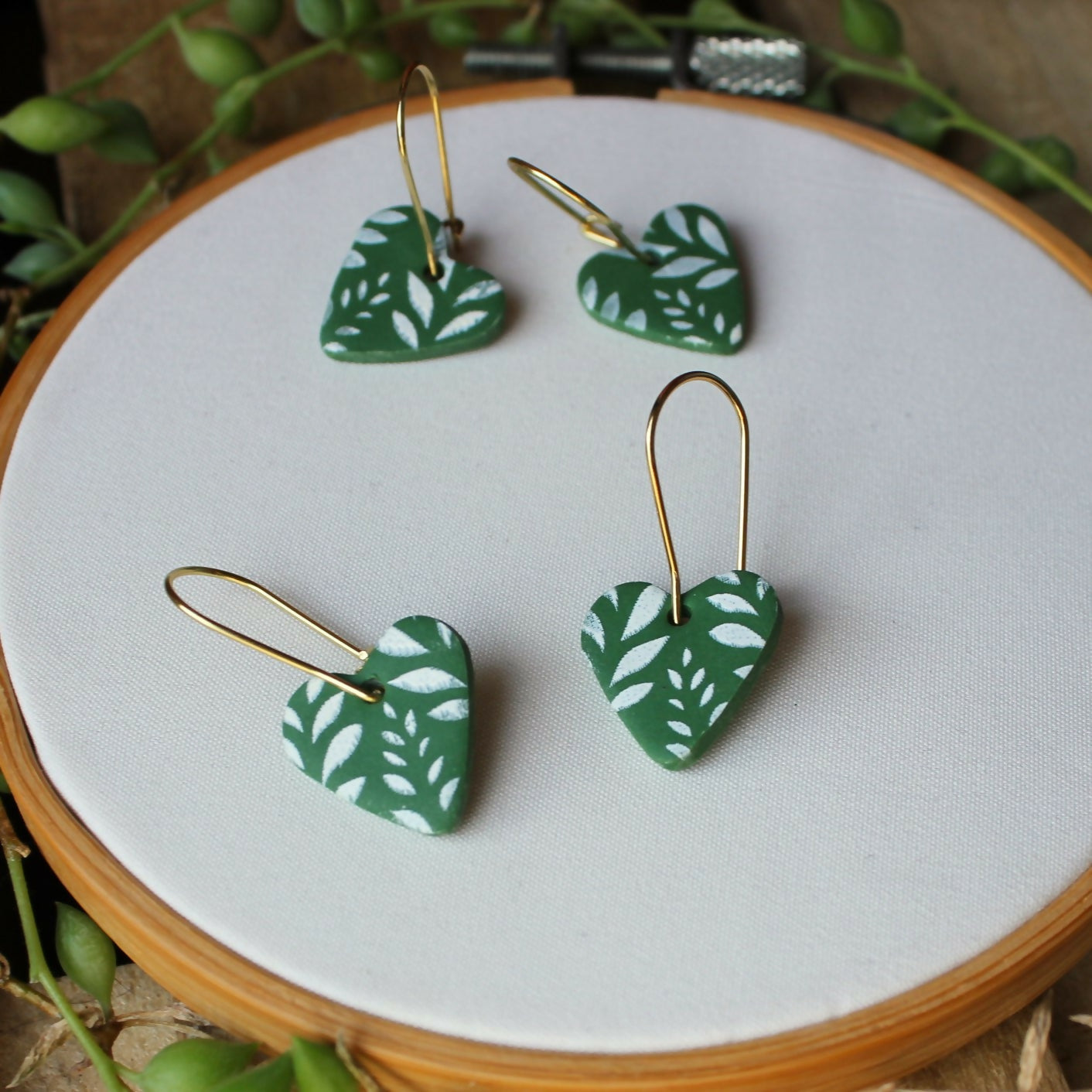 White And Green Leaf Print Heart Earrings