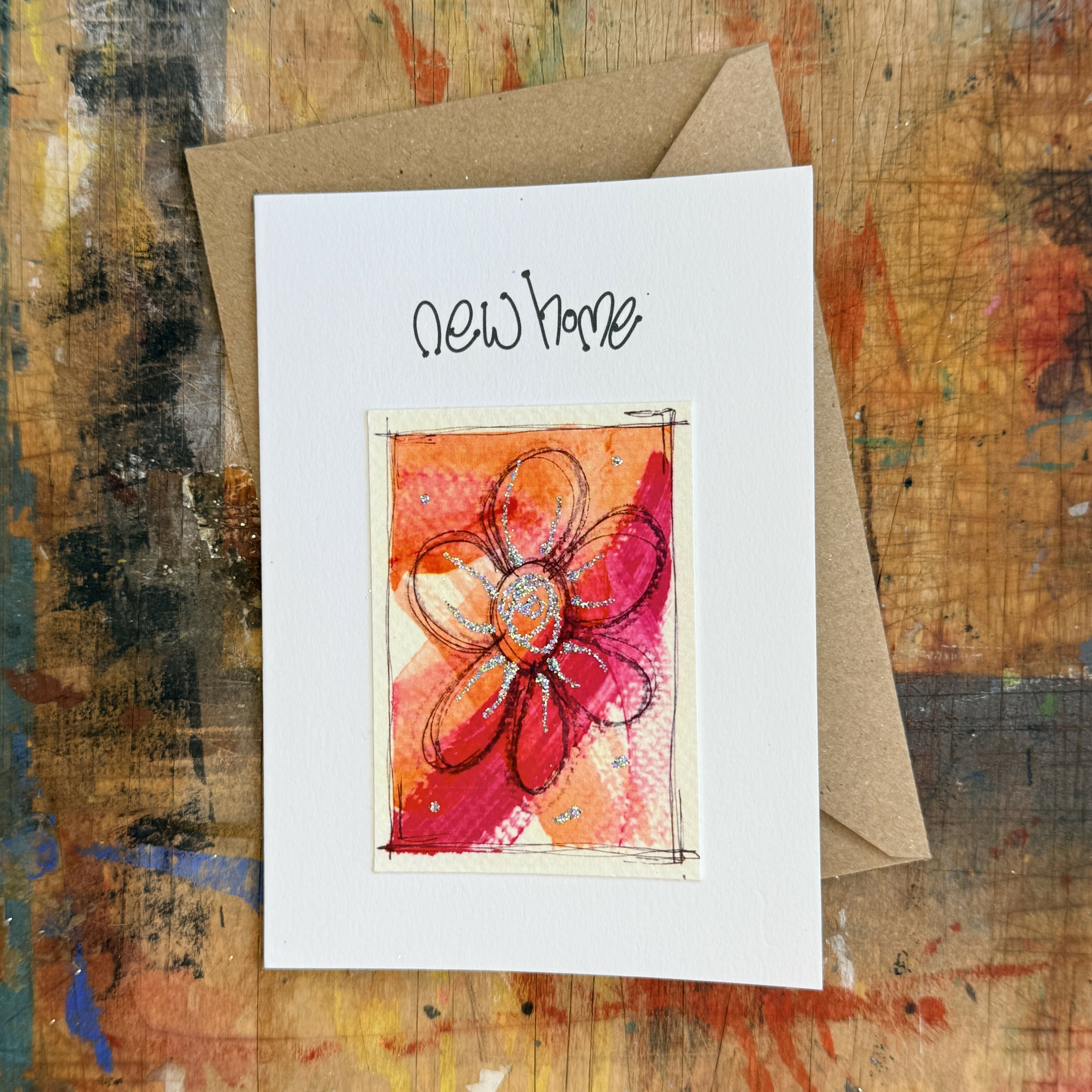 Abstract Sparkle Flower New Home Card in Pink