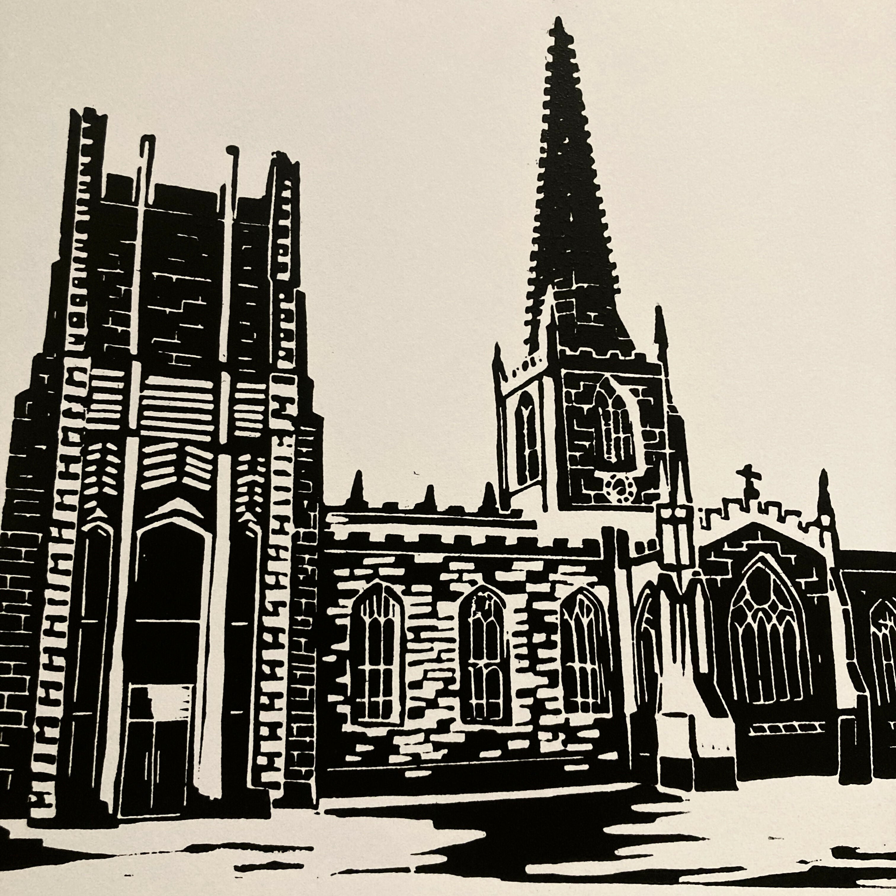 Sheffield Cathedral - A4 Hand Carved Lino Print On Card