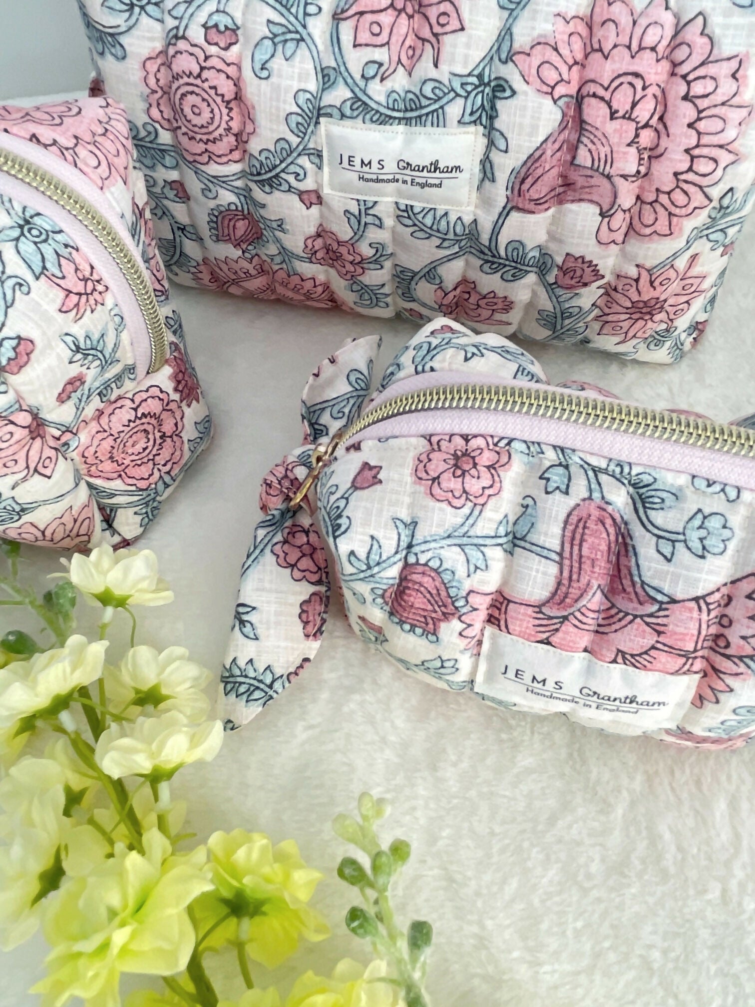 Quilted Toiletry Bag Cream with Pink Floral Design