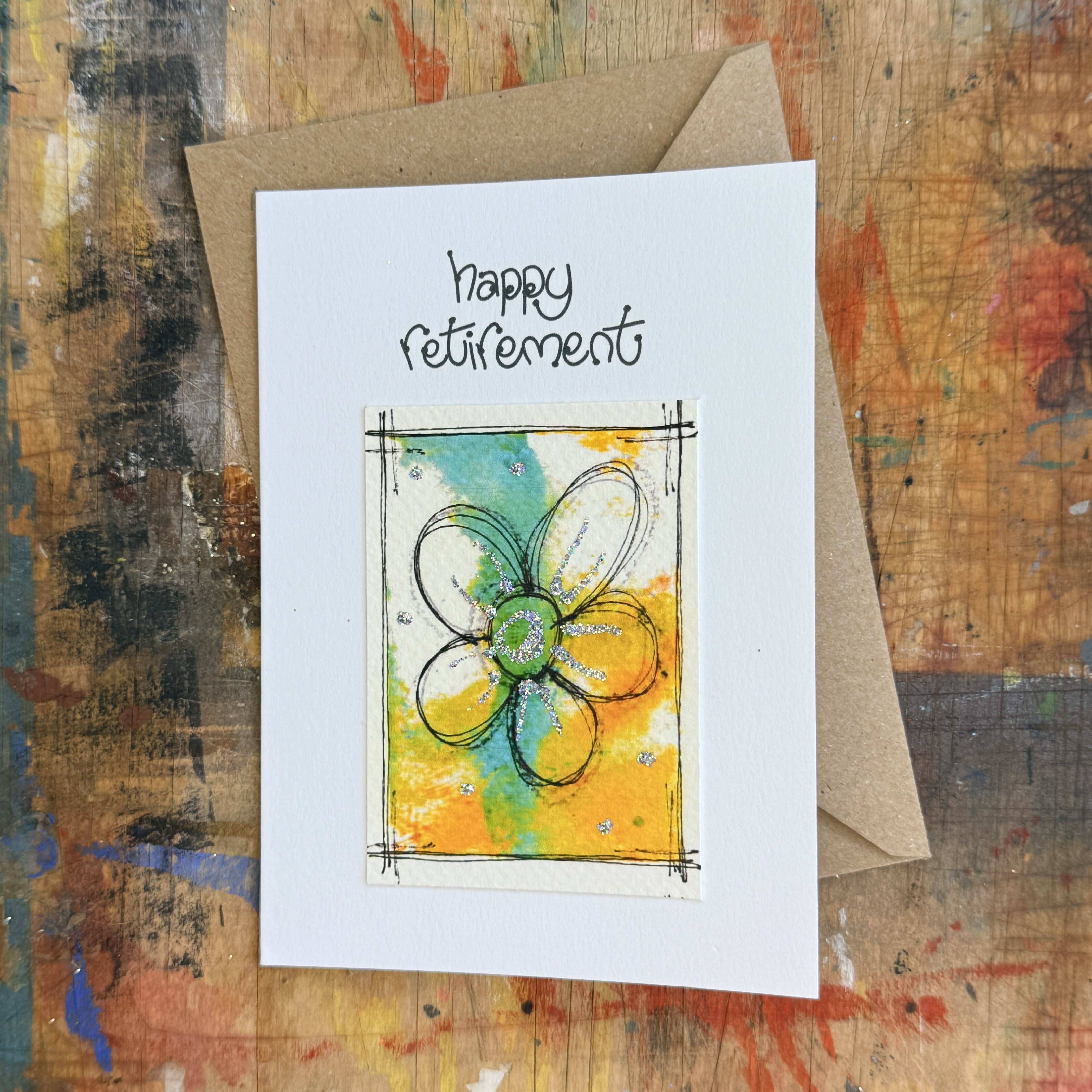 Abstract Sparkle Flower Retirement Card in Yellow