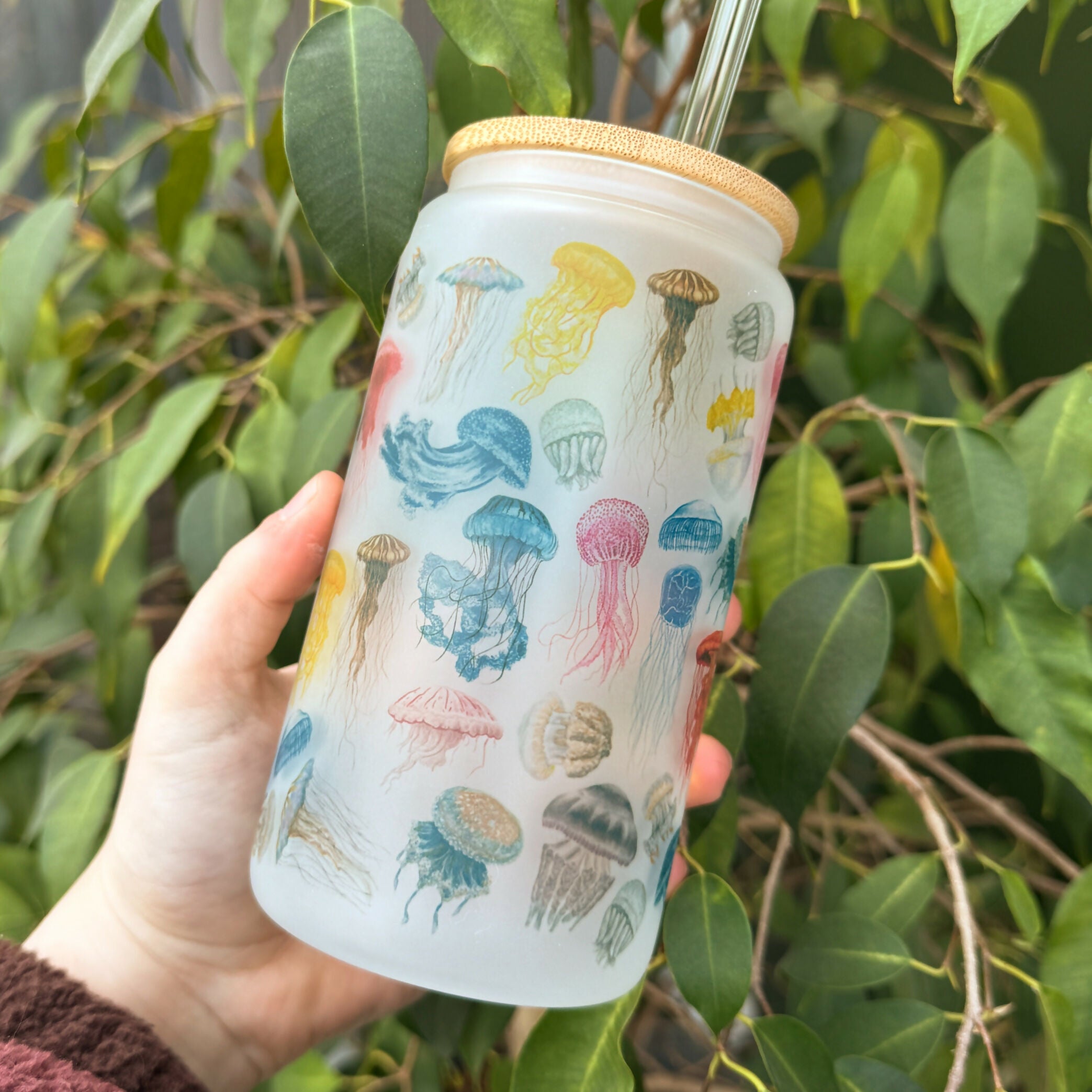 Jellyfish - 16oz Glass Tumbler with Bamboo Lid and Glass Straw