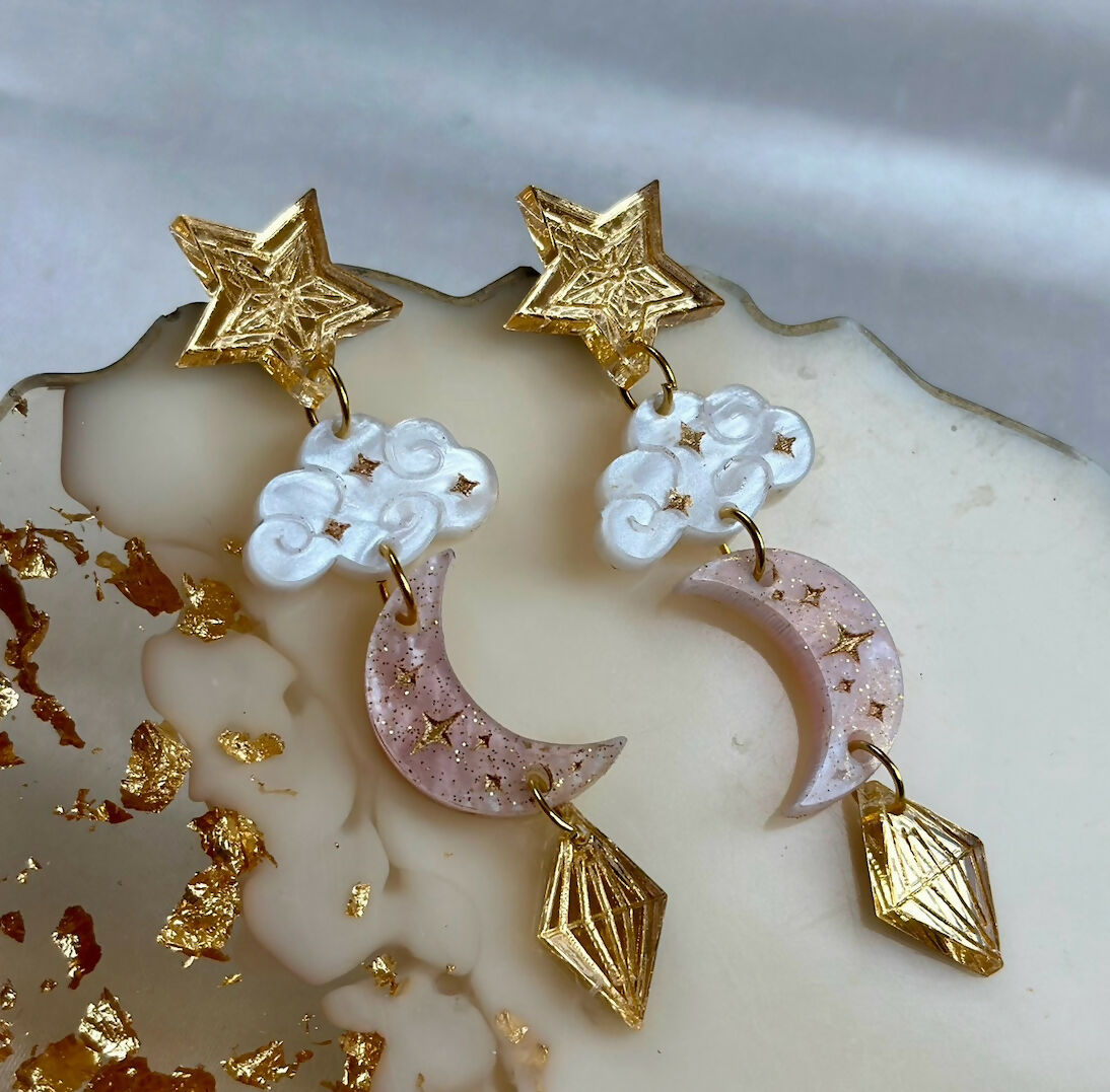Moon, Cloud and Star Dangly Earrings