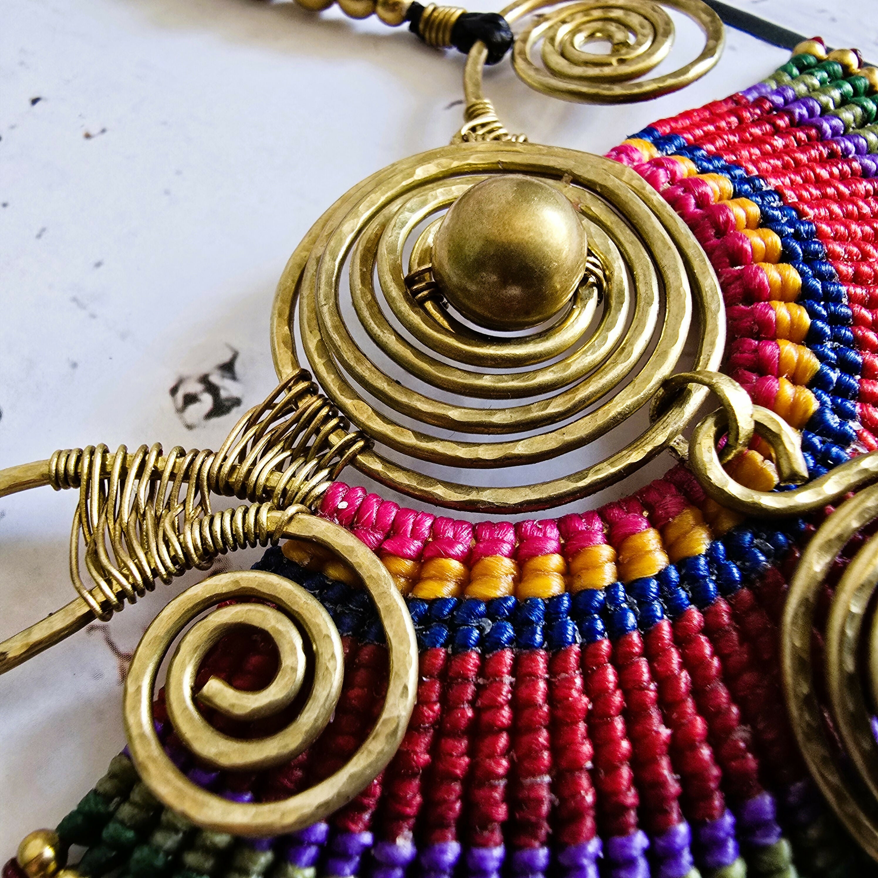 Sahara Necklace; Bold Rainbow Macramé Statement Pendant with Gold Spiral Wire Art