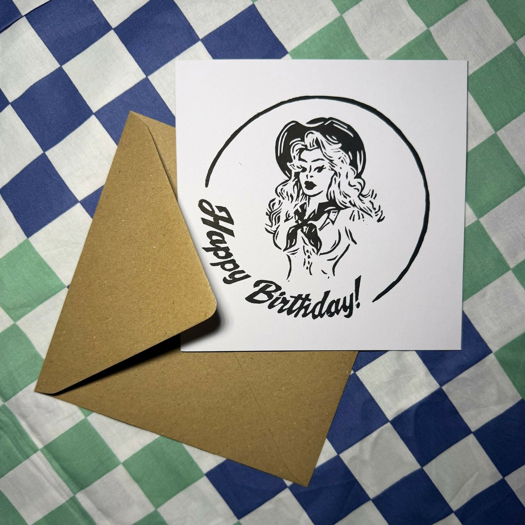 Lino Print Birthday Card - Cowgirl