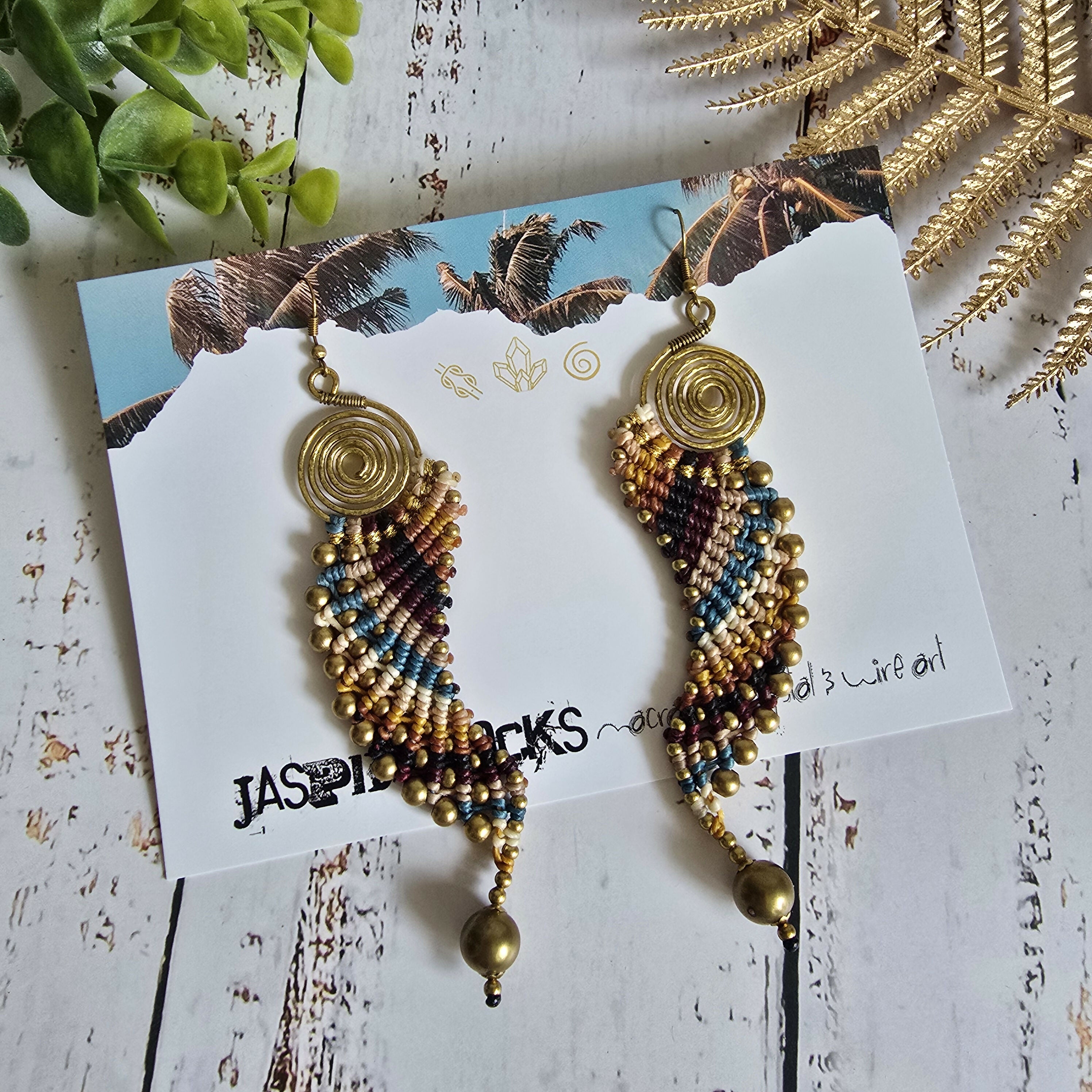 Macrame Angel Wing Earrings: Boho Gold Wire Wrapped Brass Earrings