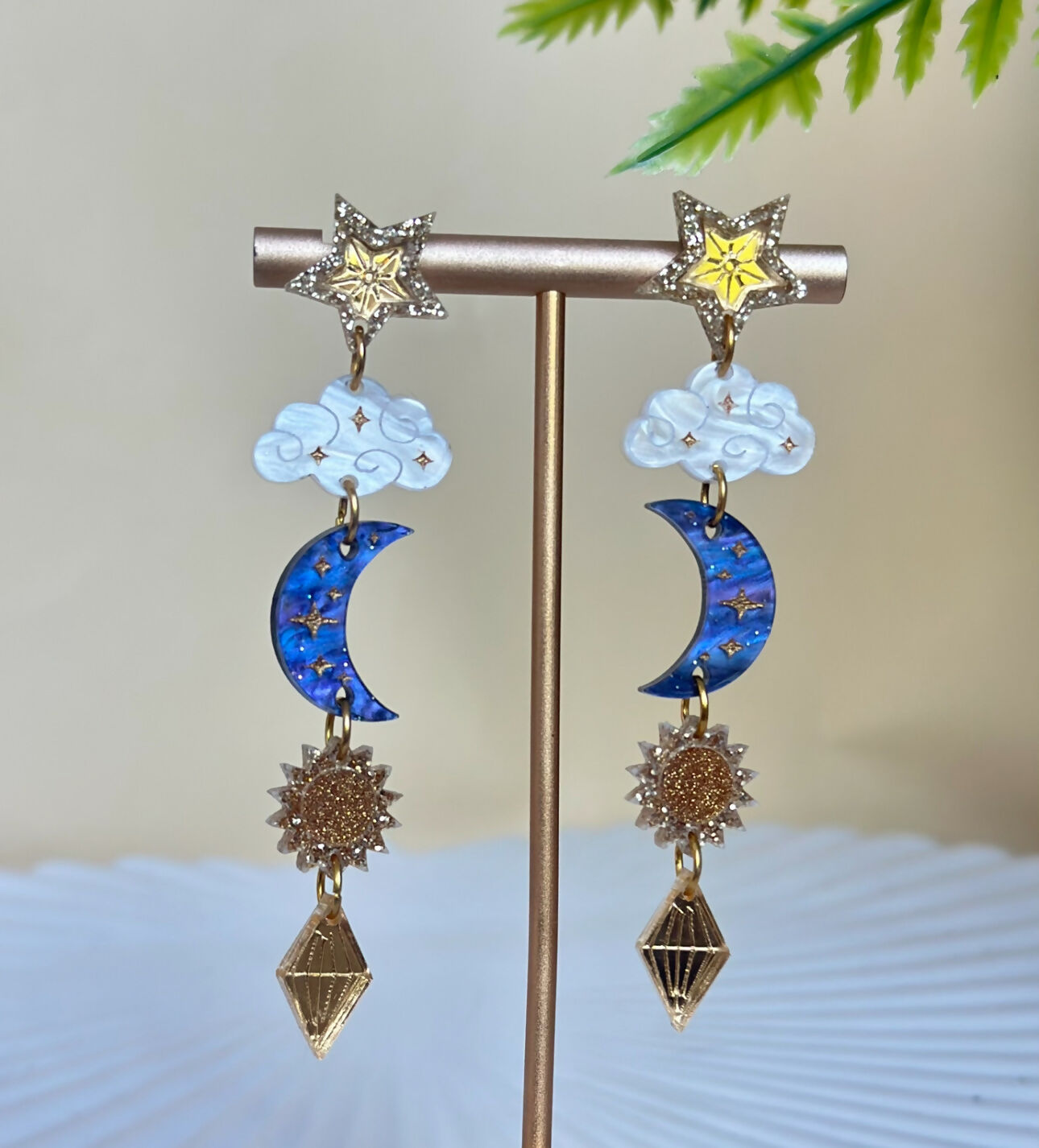 Dreamy, Celestial, Sun, Moon And Star Dangly Statement Earrings