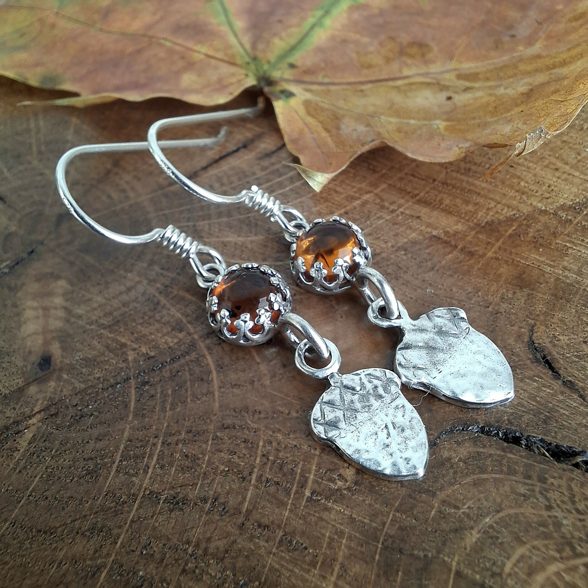 Handmade Silver Acorn Earrings With Amber