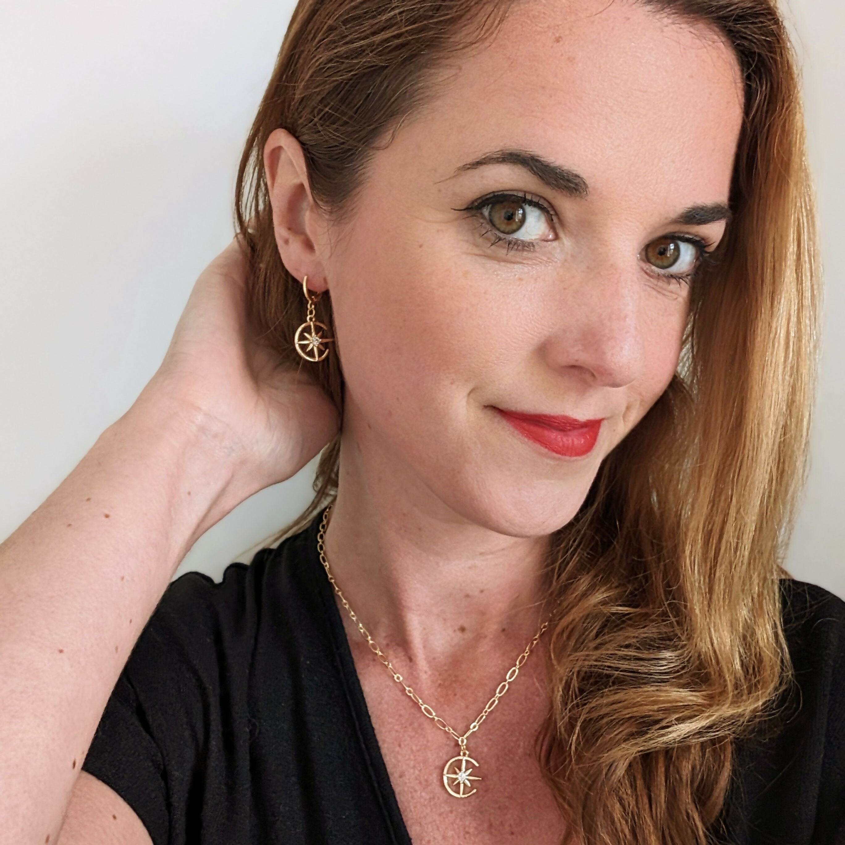 Moon and Star Earring with Cubic Zirconia Centre on Gold Plated Huggie