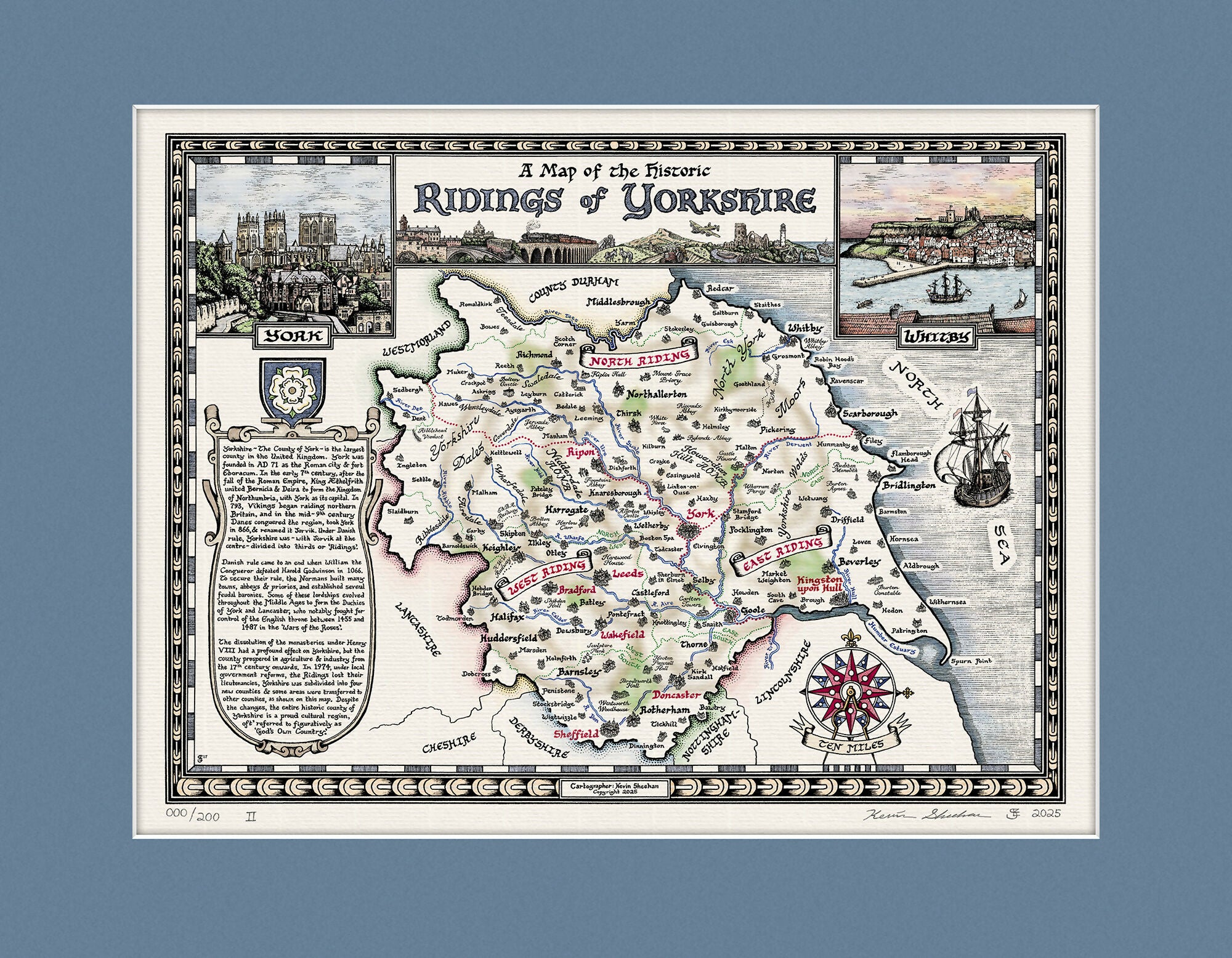 Yorkshire Ridings Map Hand Drawn Fine Art Print