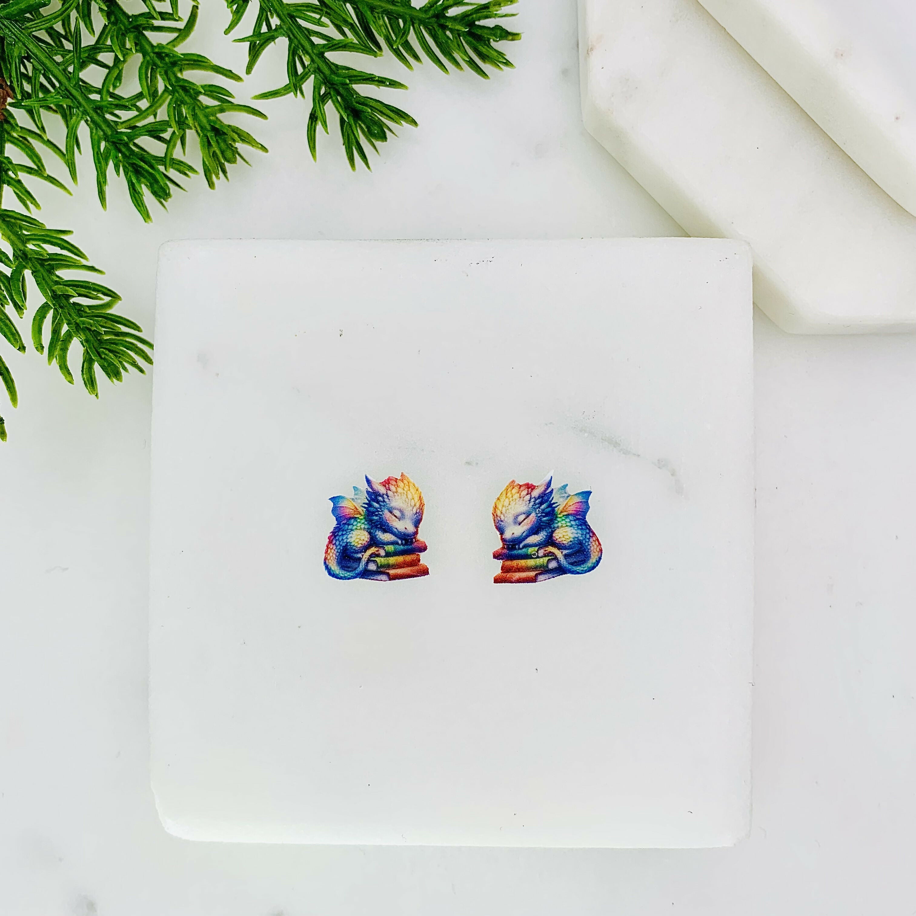 Dragon On Books Stud Earrings