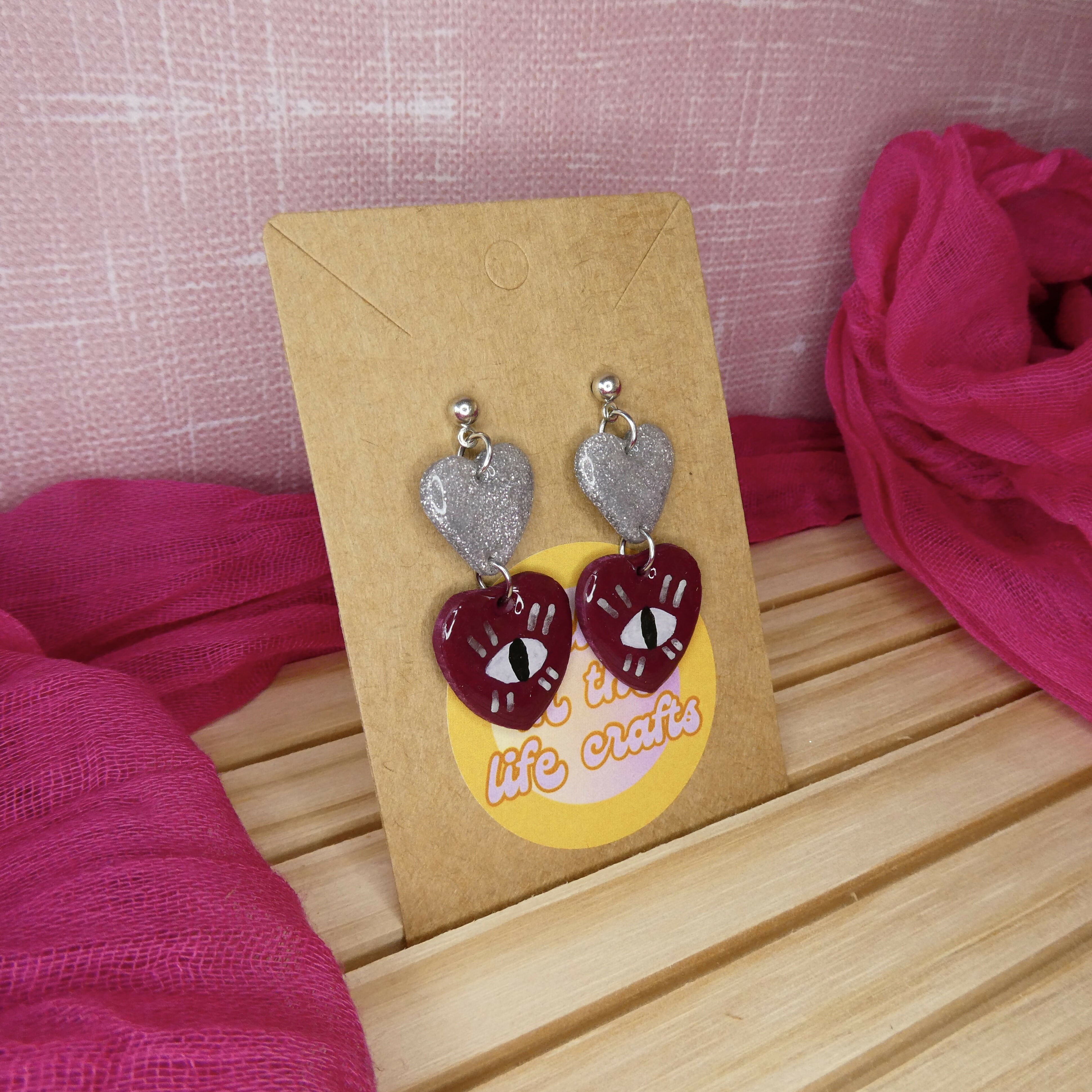 Maroon And Silver Heart Polymer Clay Earrings With Eye Detail