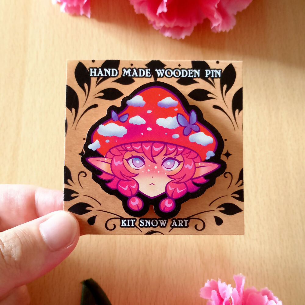 Mushroom Fairy Hand Made Eco Wood Pin