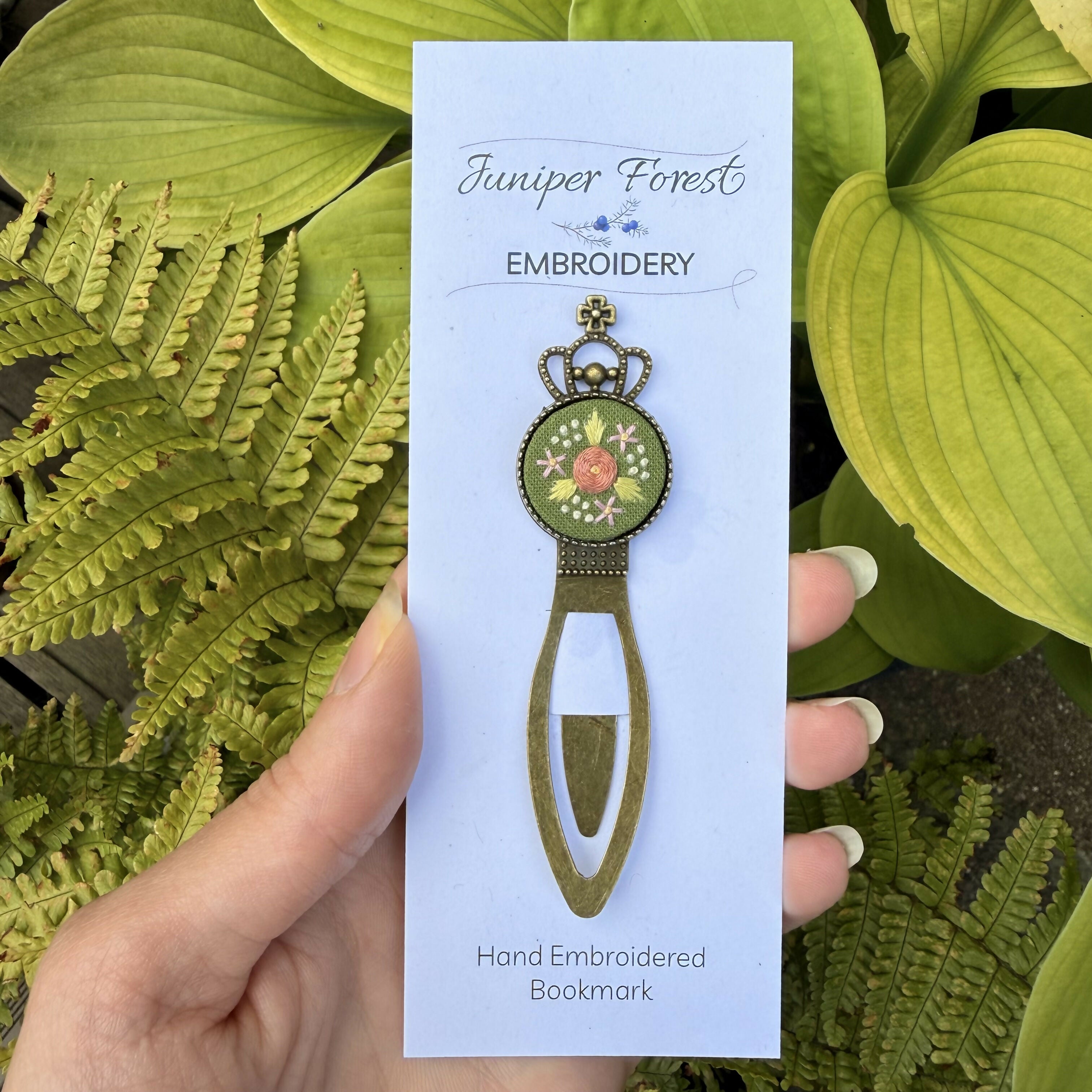 Hand Embroidered Green Crown Bookmark