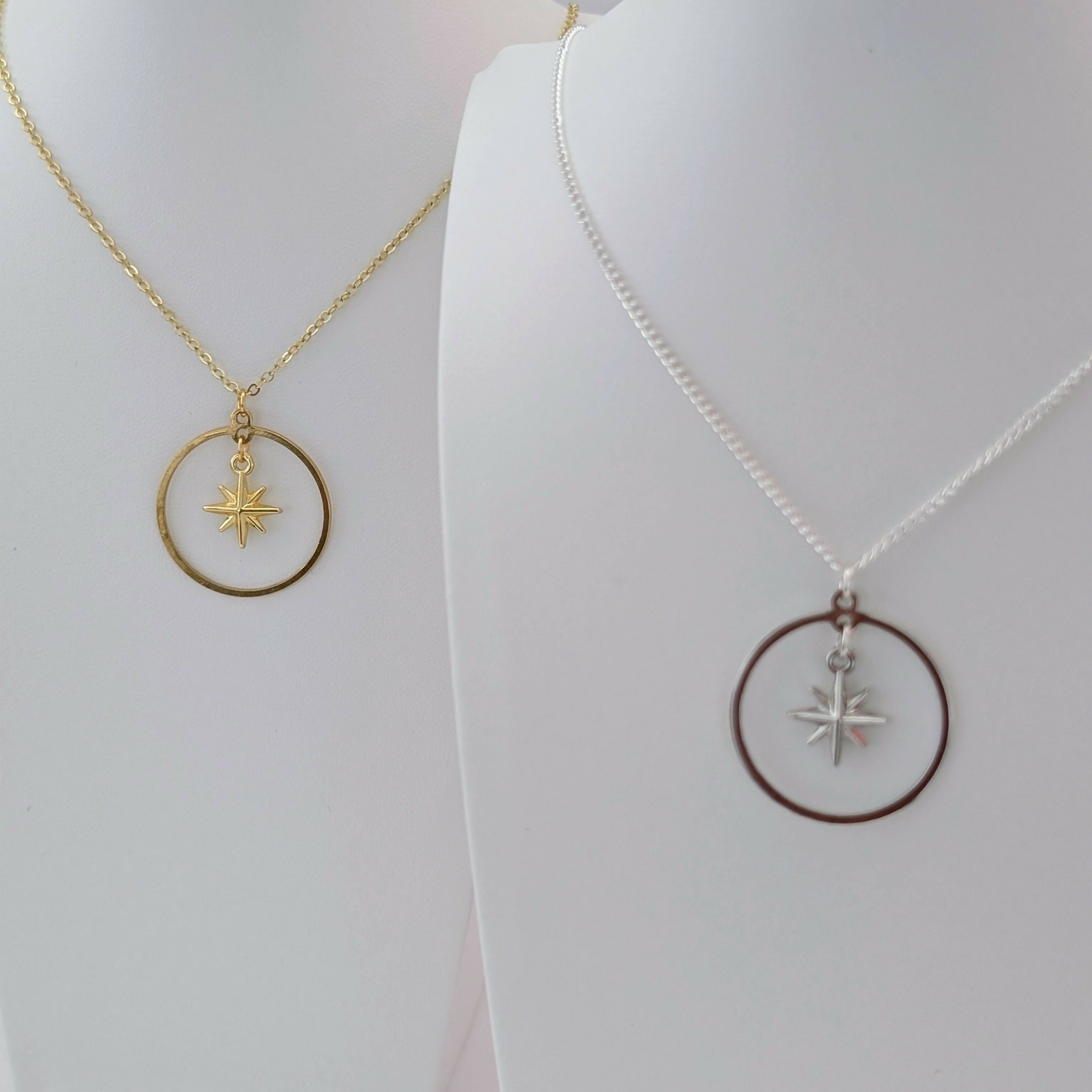 Chunky 3D Gold Star Circle Necklace on Gold Plated Delicate Chain