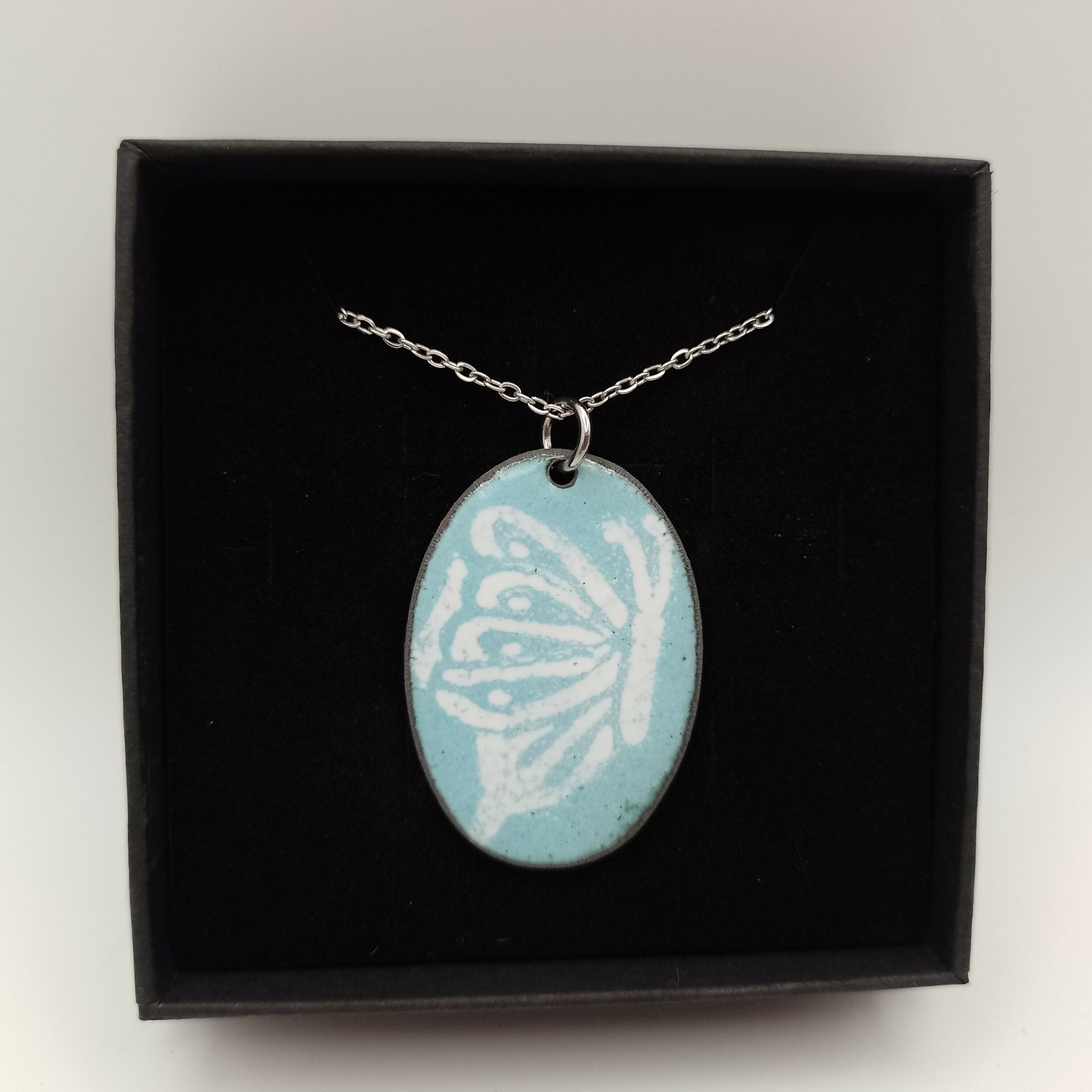 Powder Blue Enamel Pendant with White Butterfly