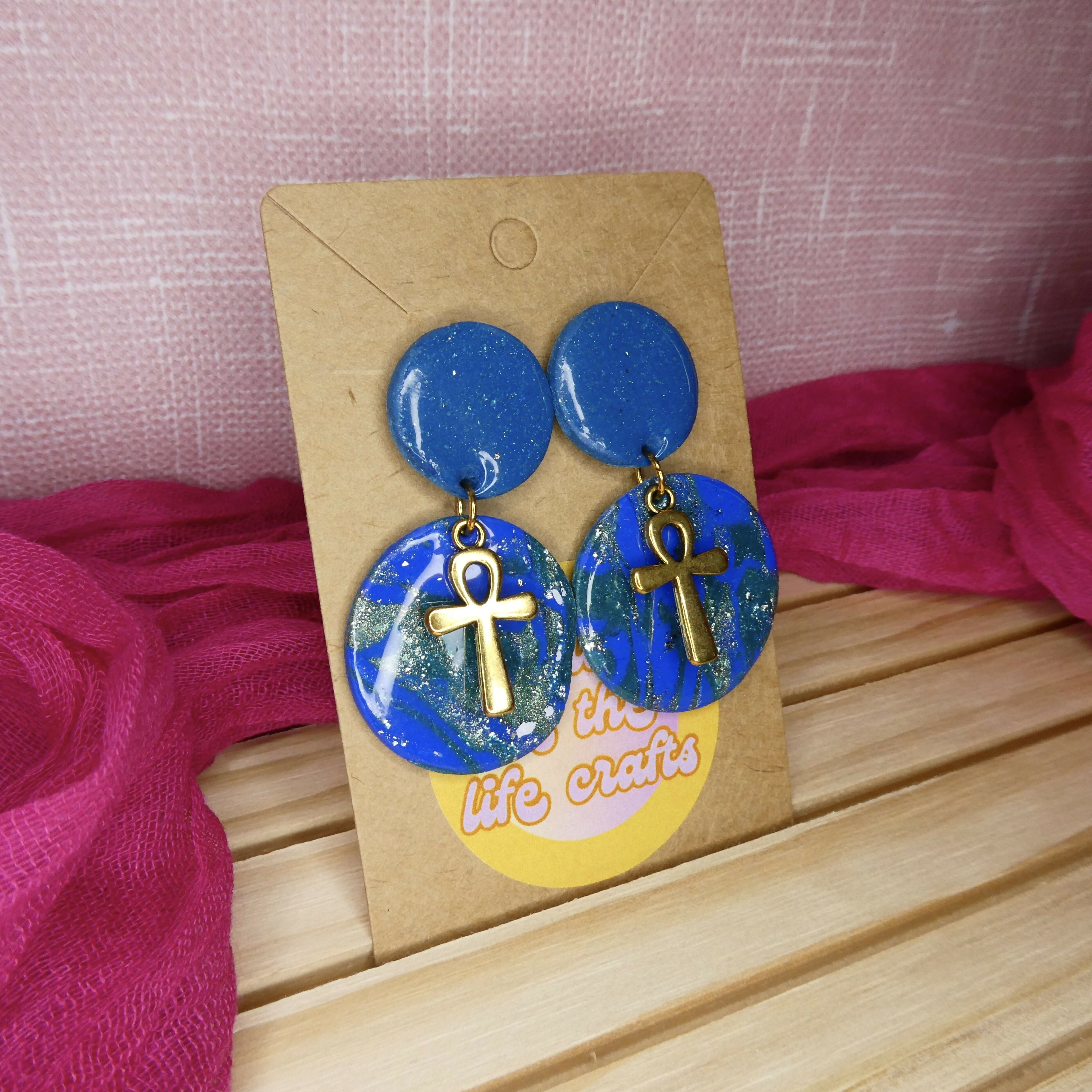Blue And Green Shimmery Polymer Clay Earrings With Gold Ankh Charm