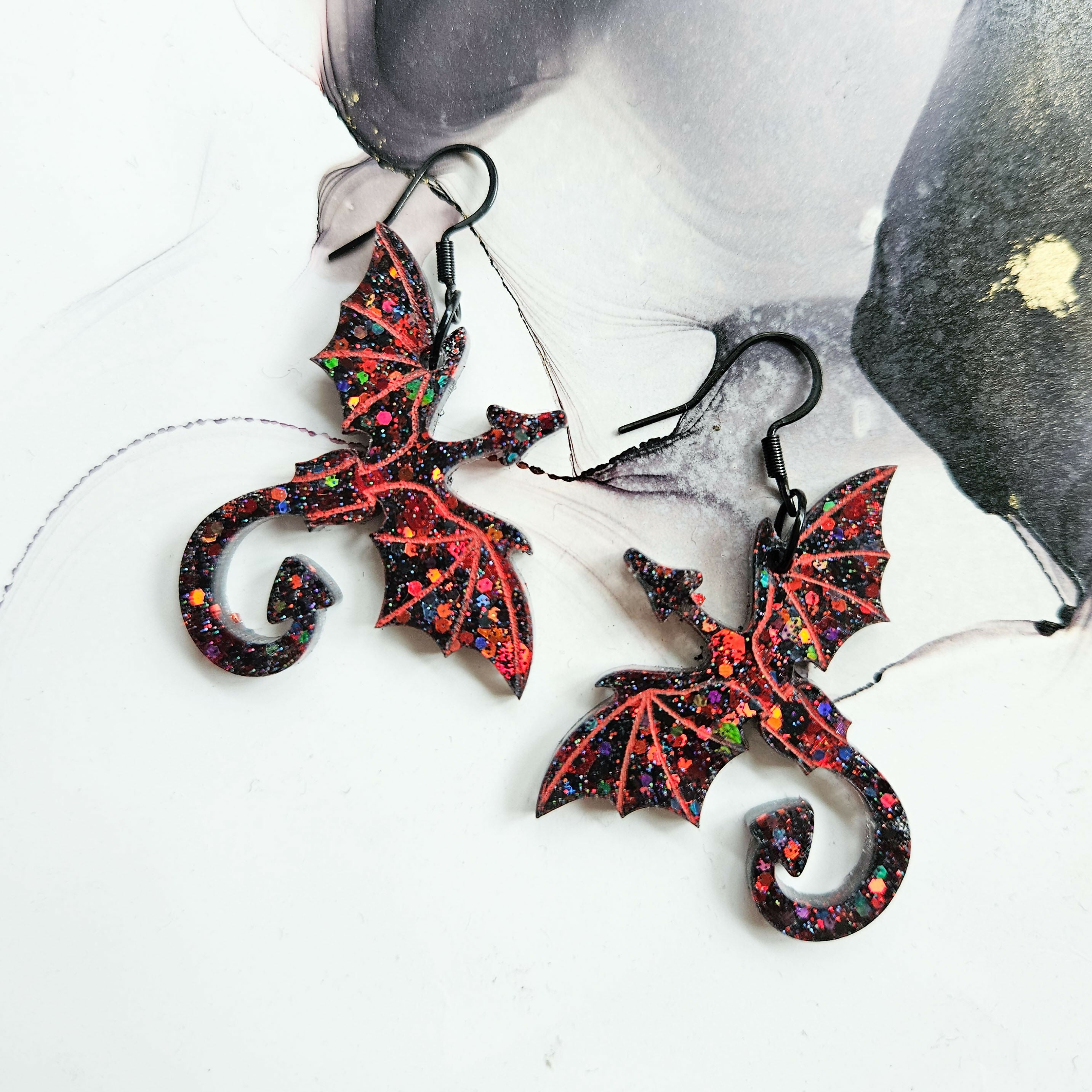Handmade Black And Red Glitter Dragon Resin Earrings
