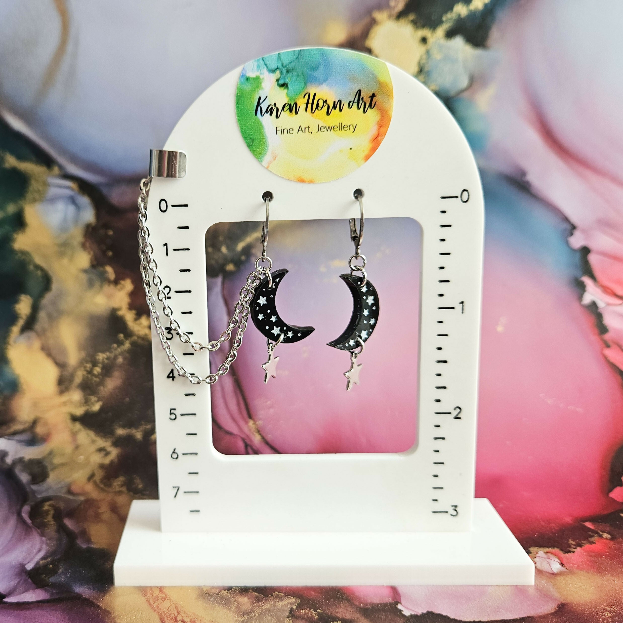 Handmade Resin Black Moons And Stars Huggie Hoops And Cuff