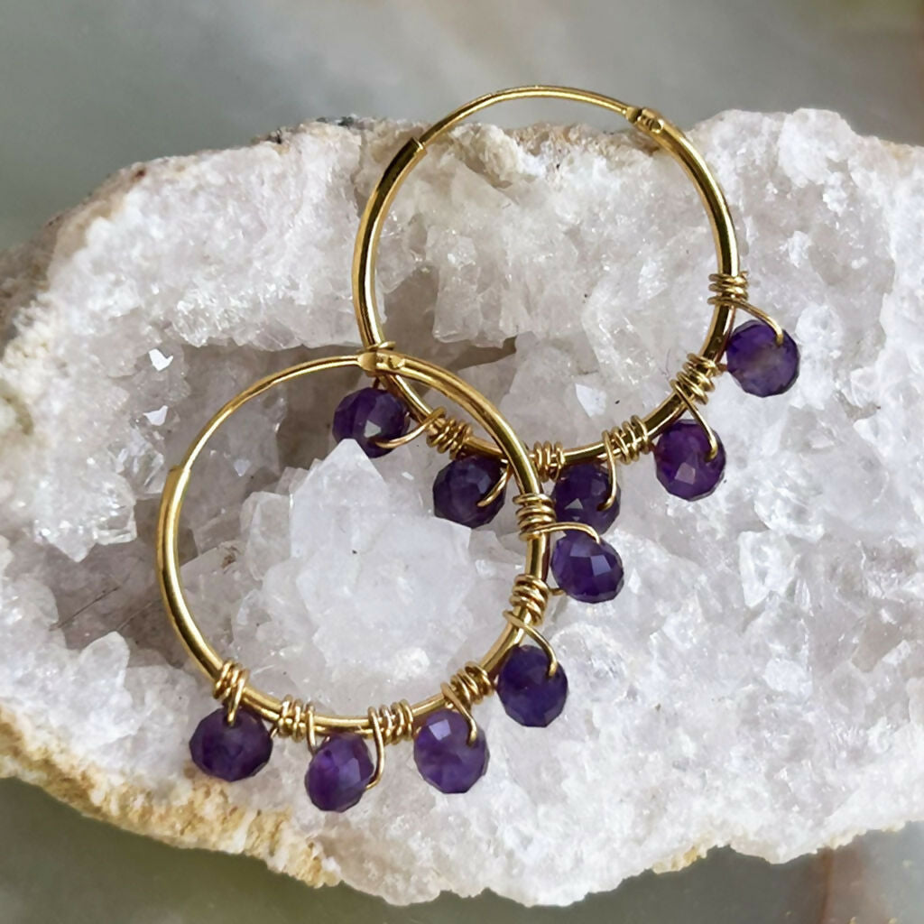 Handmade Gold Vermeil Amethyst Beaded Hoop Earrings