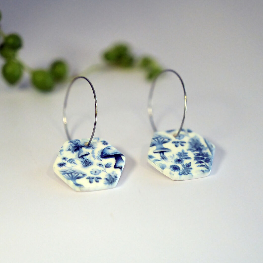 Blue Mushroom Print Hoop Earrings - Handmade Polymer Clay - Polly Plant
