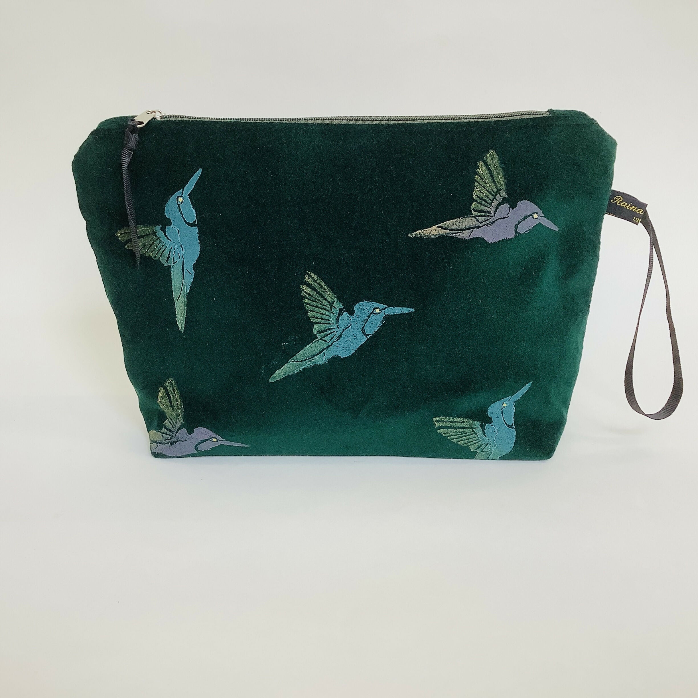 Green Velvet Hummingbird Makeup Bag