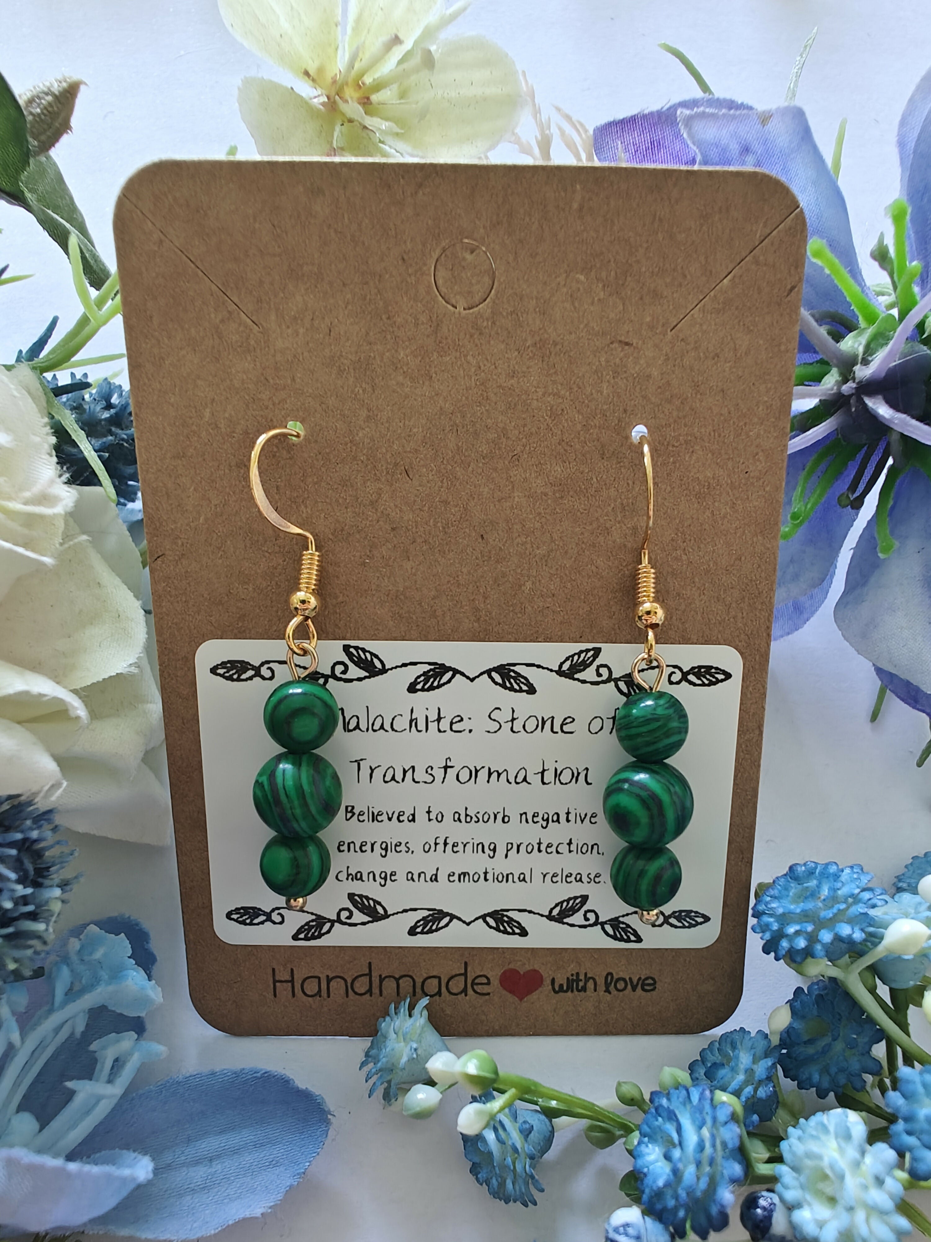 Malachite Earrings on Gold Coloured Sterling Silver Plated Hooks