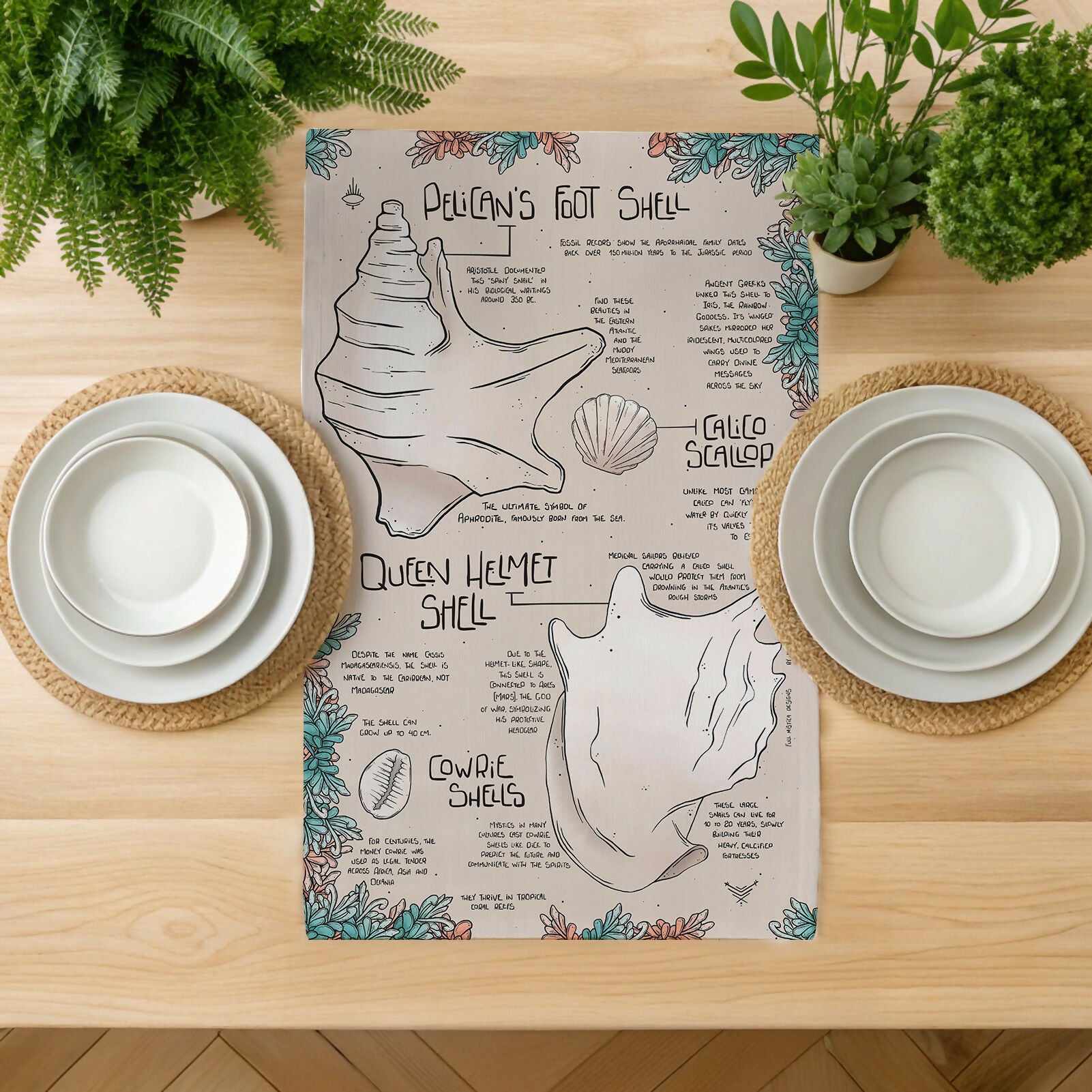 Queen Helmet & Pelican Shells Compendium Tea Towel