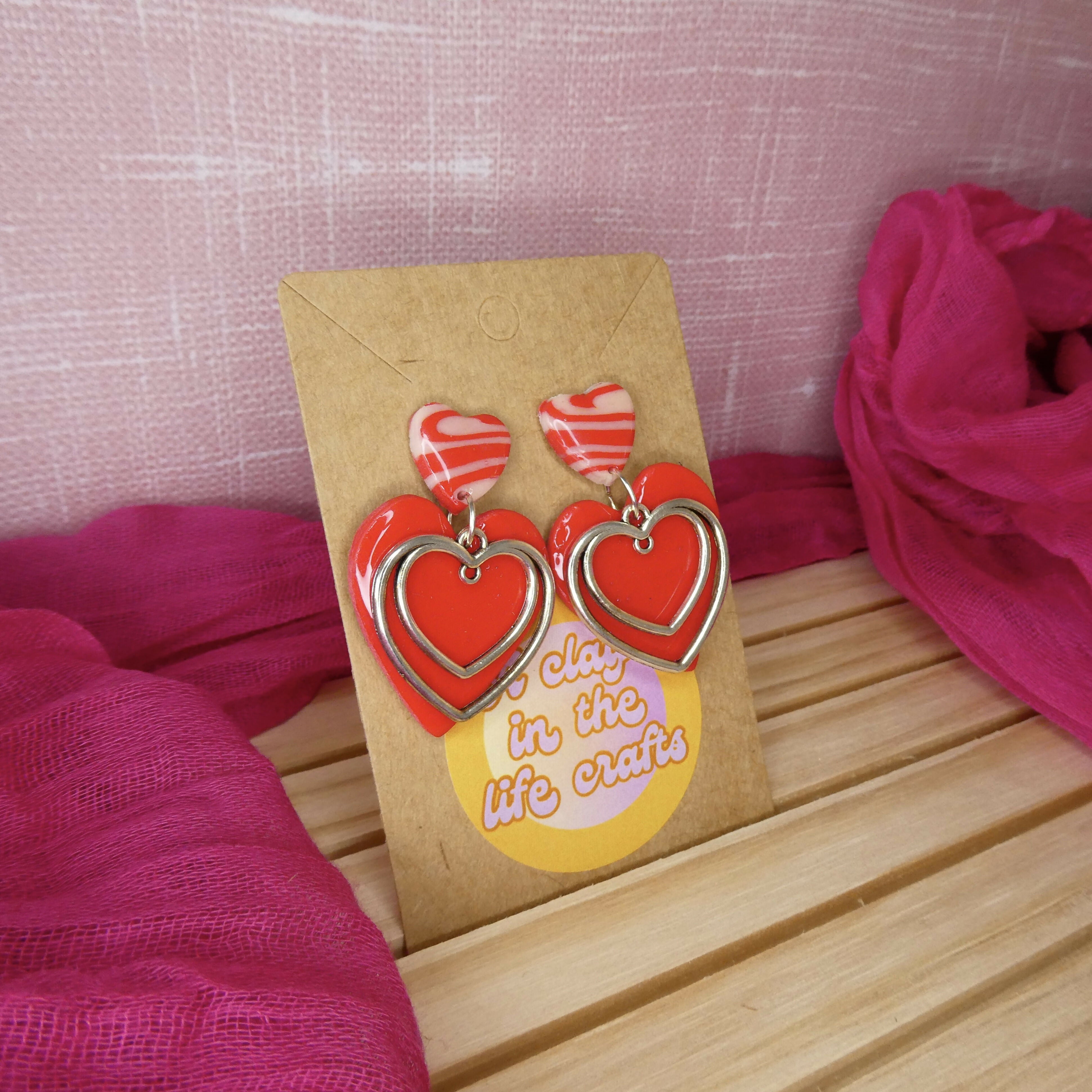 Red Heart Polymer Clay Earrings With Silver Heart