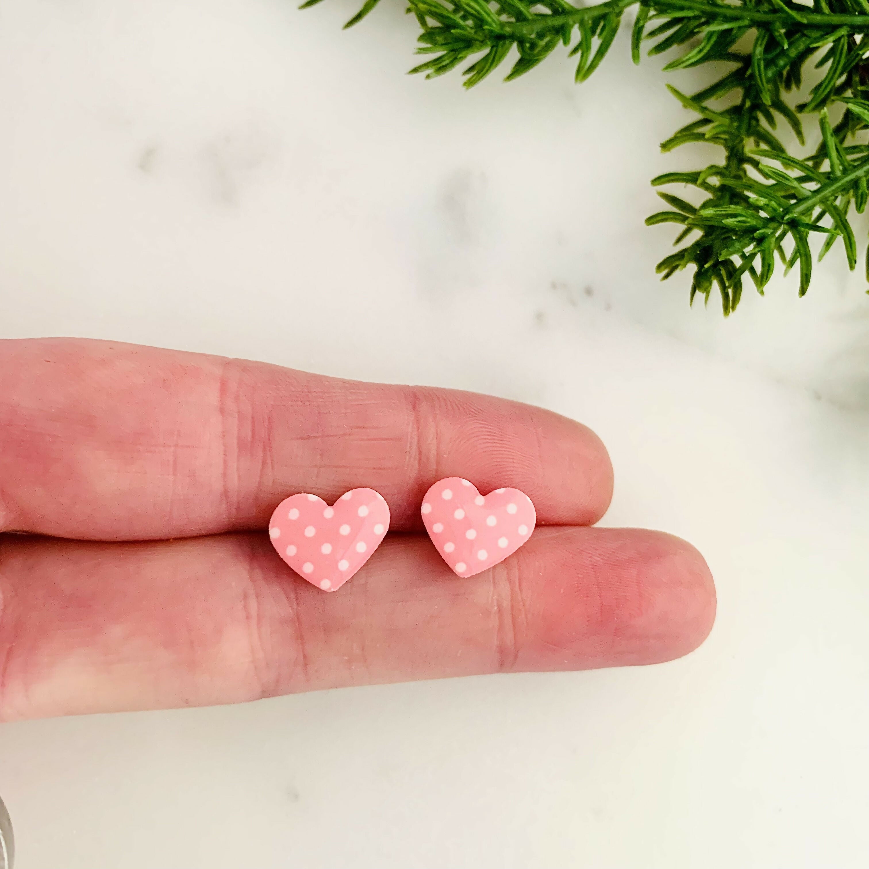 Pink Polka Dot Heart Stud Earrings