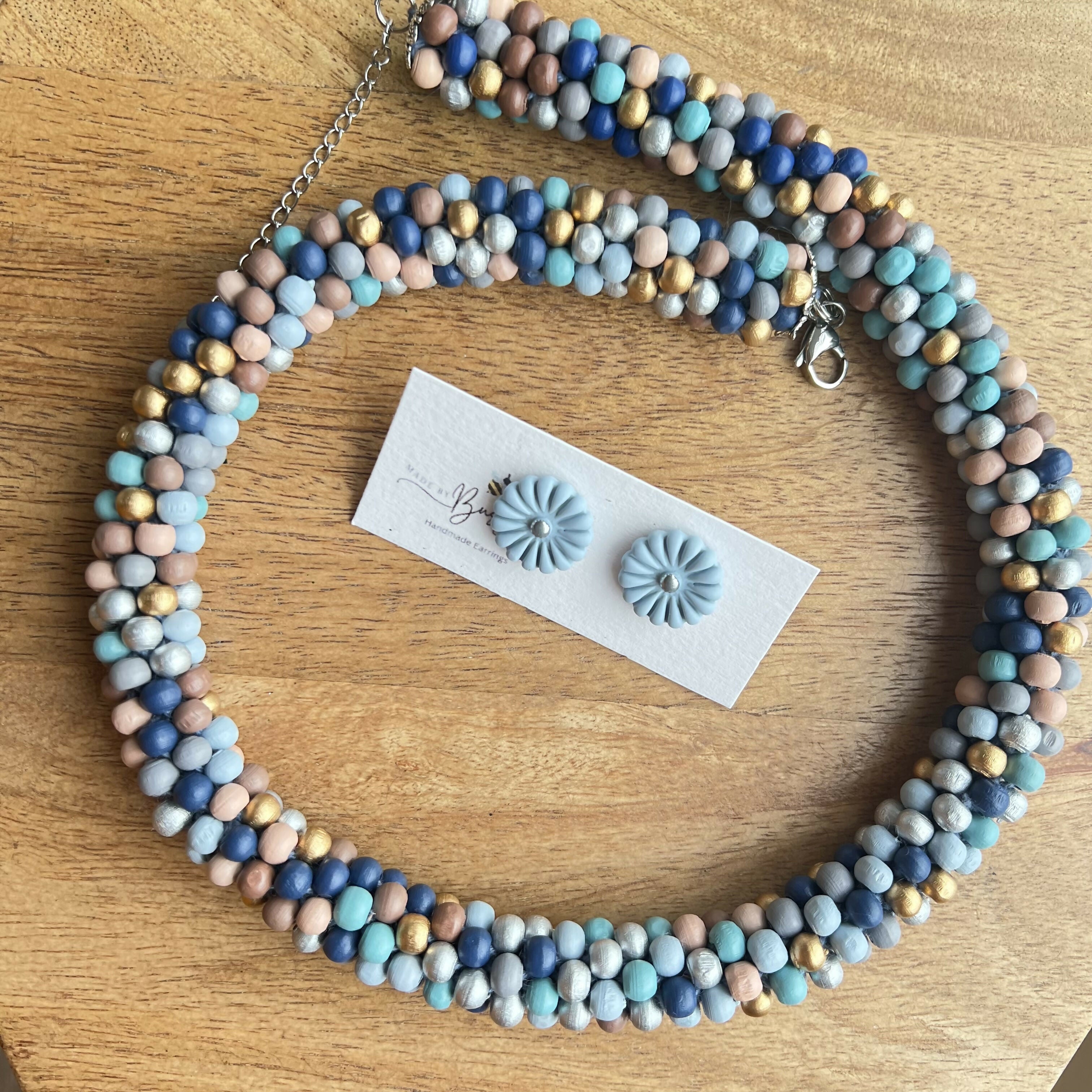 Boho Chic Wood Beads Choker/ Handmade Multicolour Necklace with FREE pair of studs