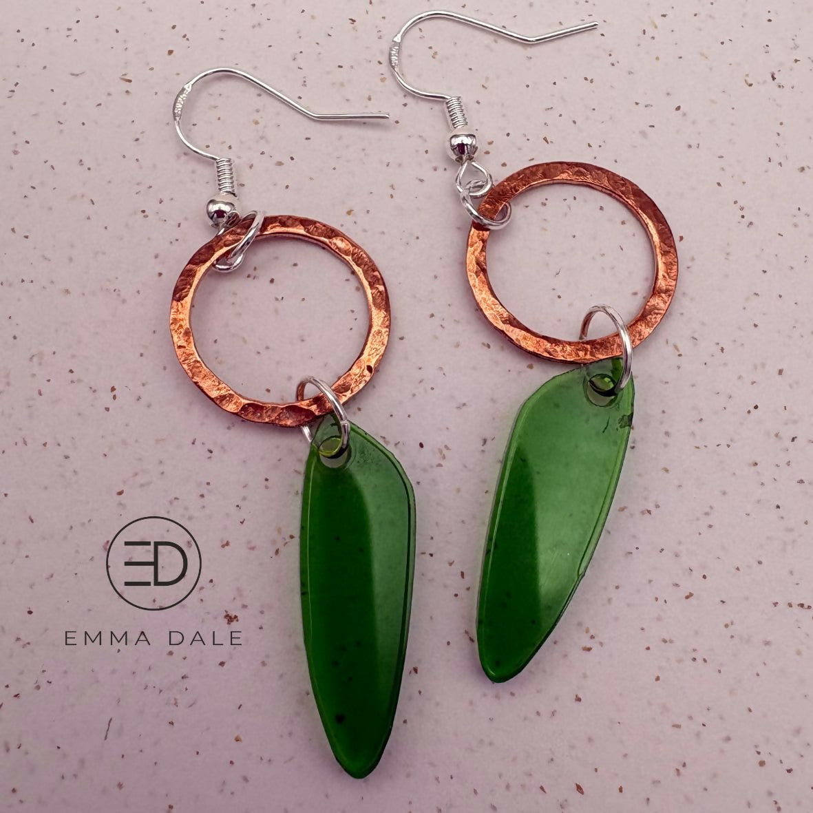 Green Organic Acrylic & Hand-Hammered Copper Earrings