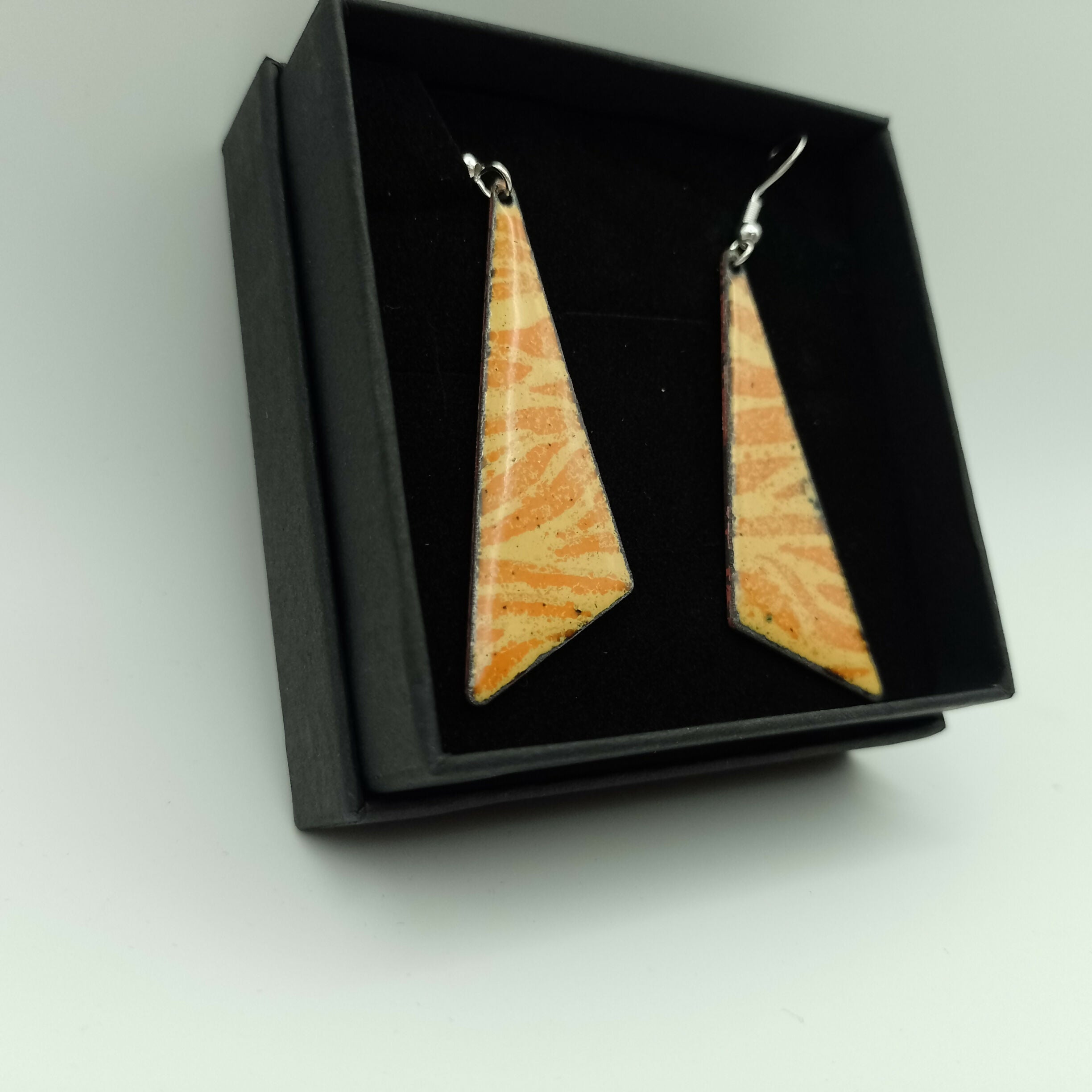 Yellow Triangular Enamel Earrings with Tangerine Orange Stripes