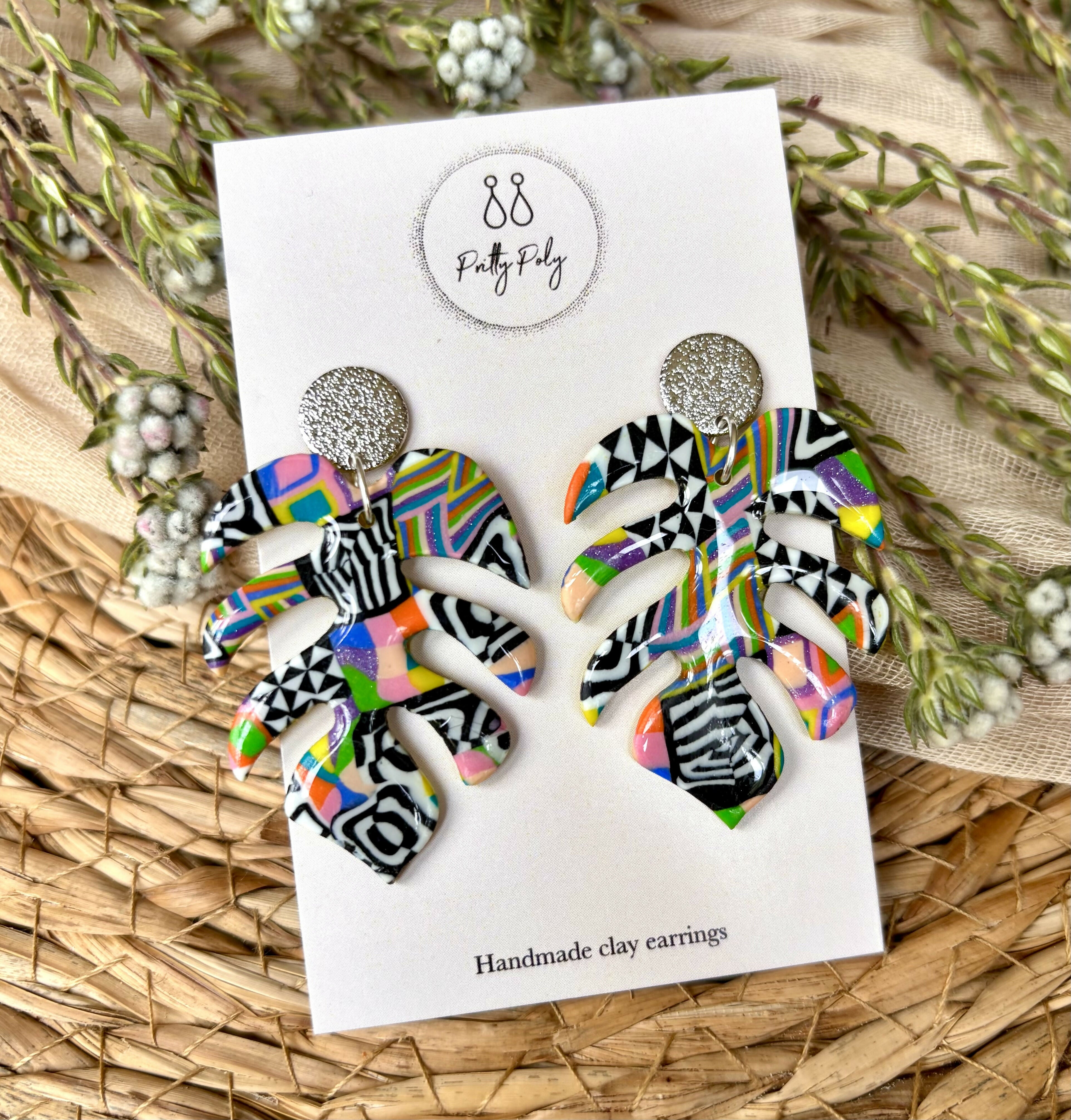 Funky Pattern Collection - Monstera Leaf Polymer Clay Earrings
