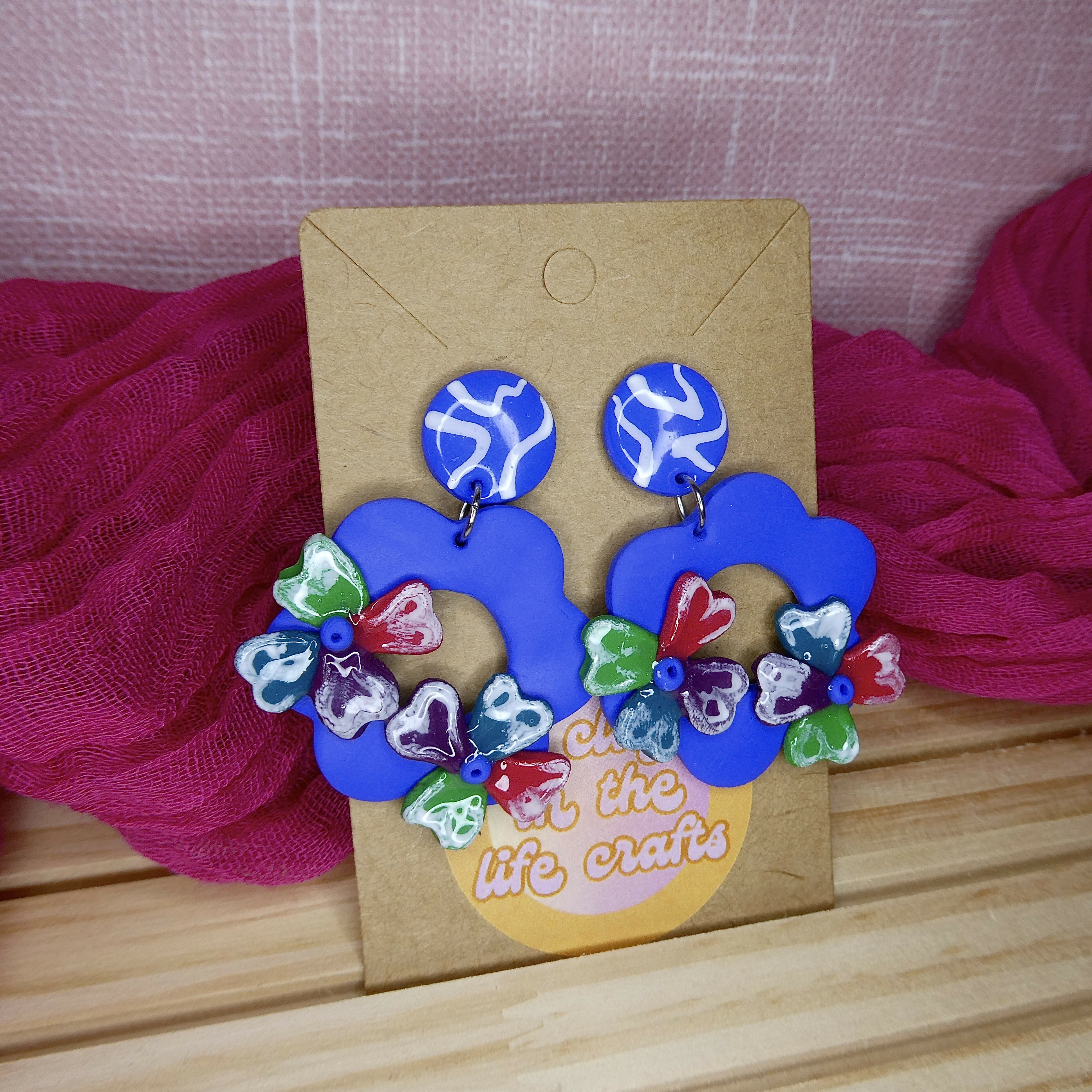 Big Blue Multicoloured Flower Polymer Clay Earrings