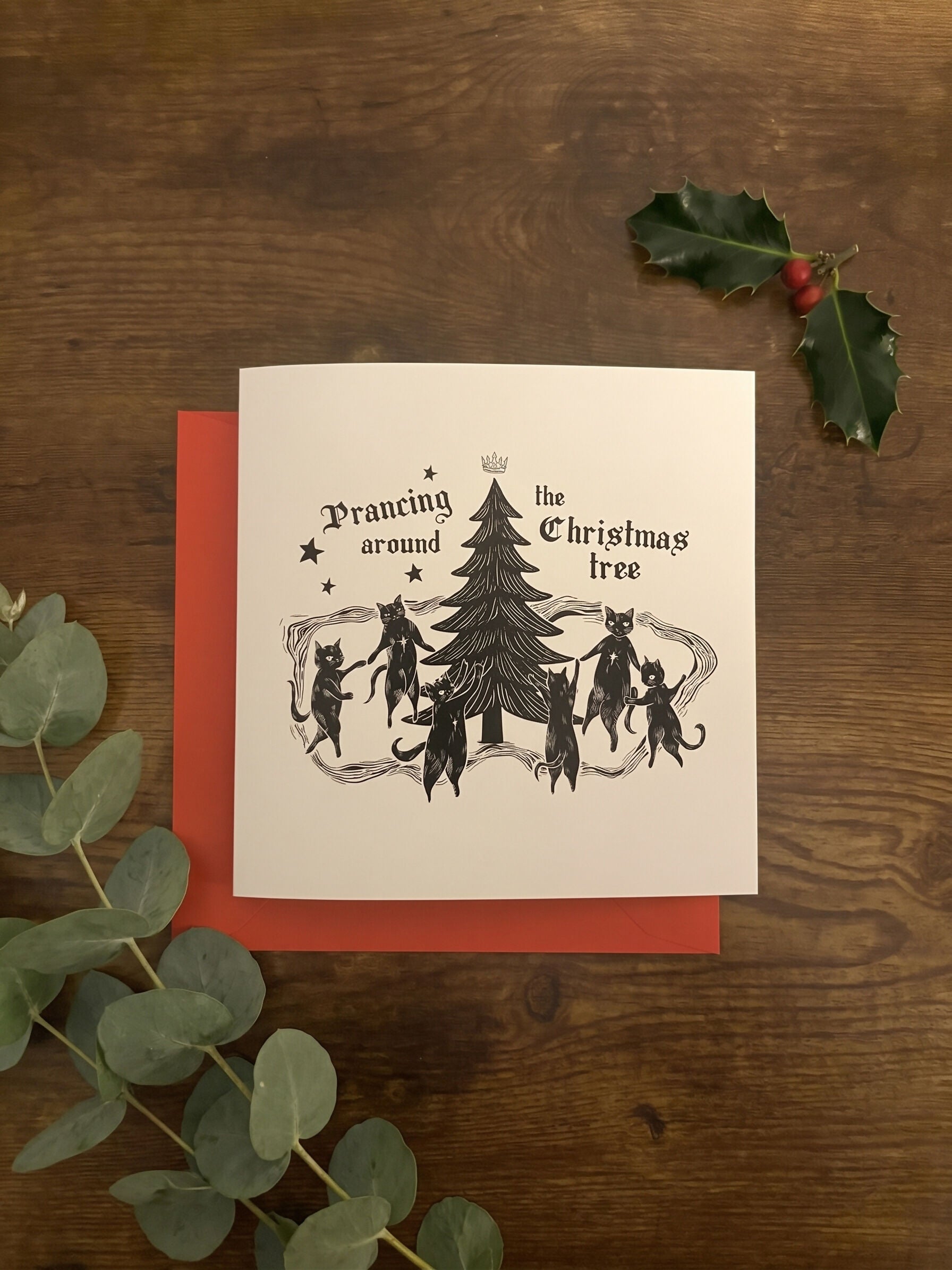 Prancing Around the Tree Christmas Card / Cat Greetings Card
