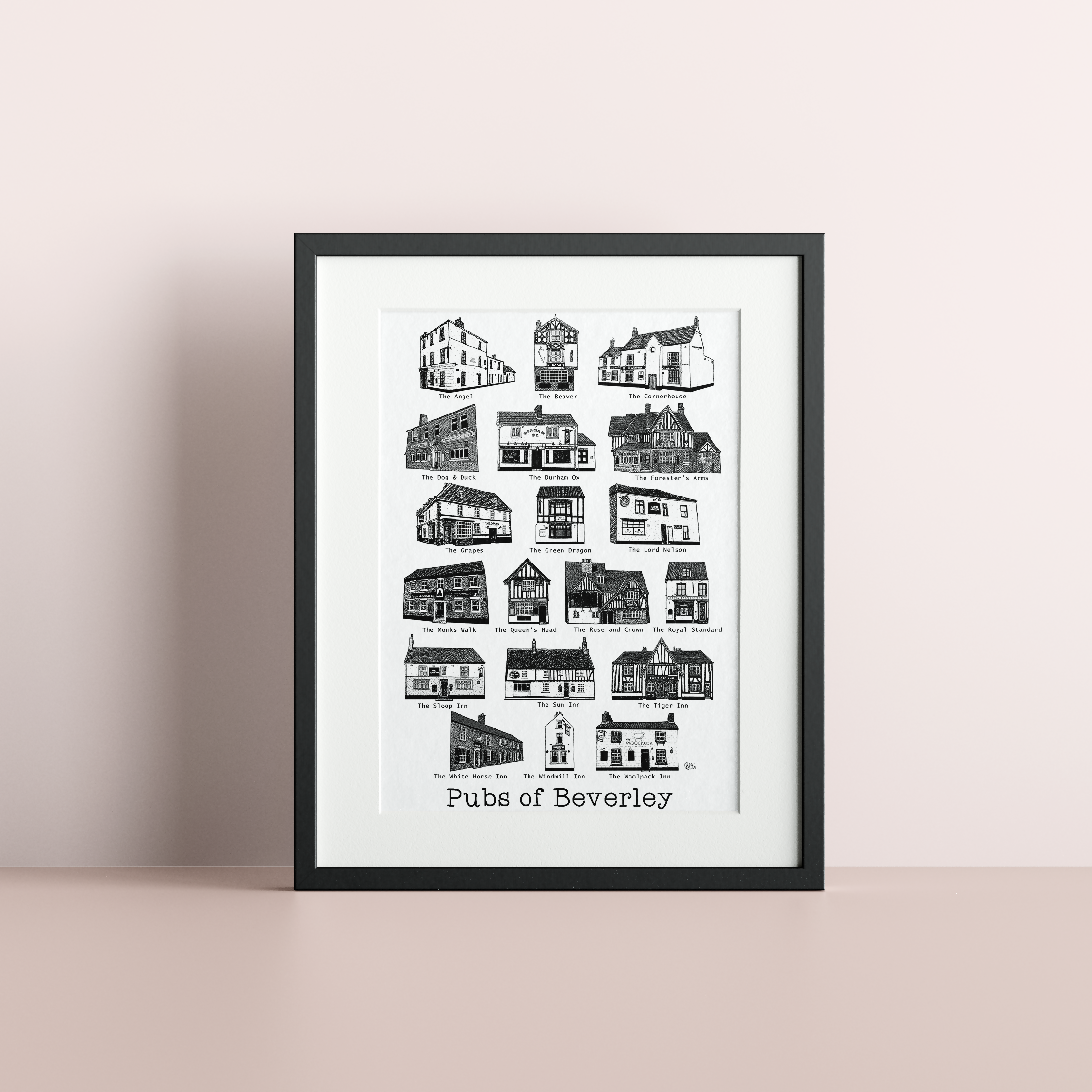 'Pubs of Beverley' Print in Black and White