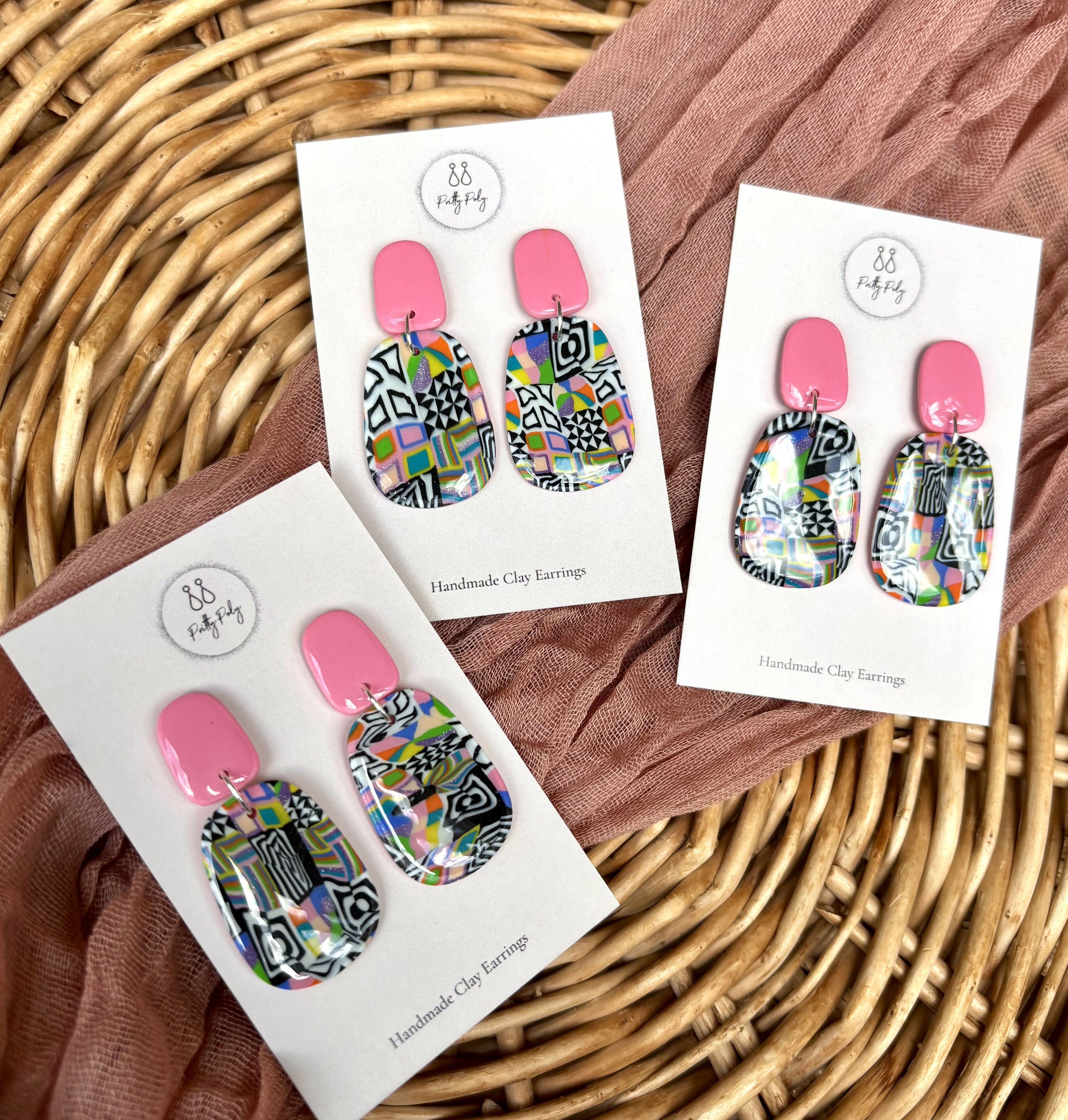 Funky Pattern Collection - Pink Dangle Polymer Clay Earrings