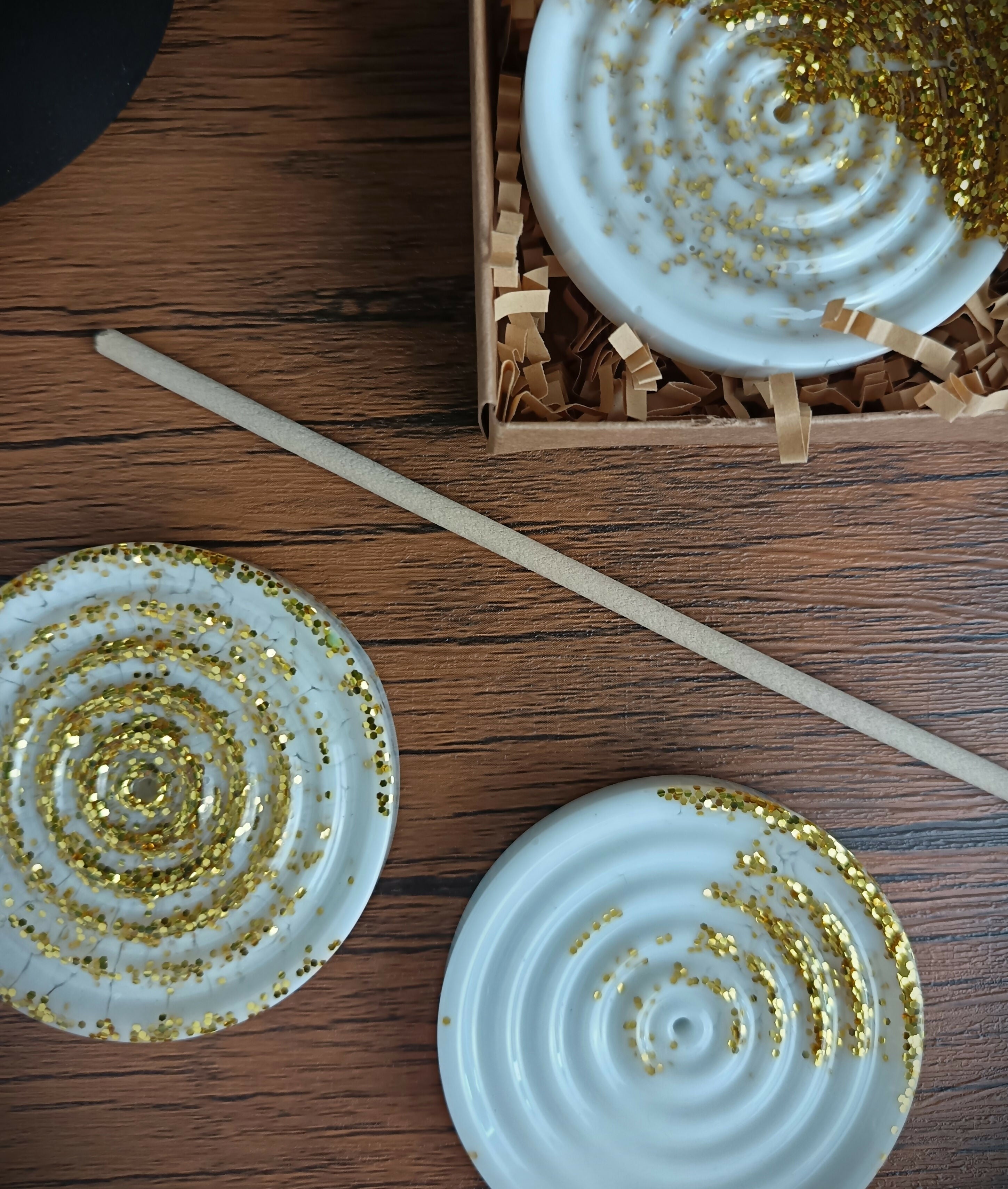Incense Holder With Gold Glitter & White