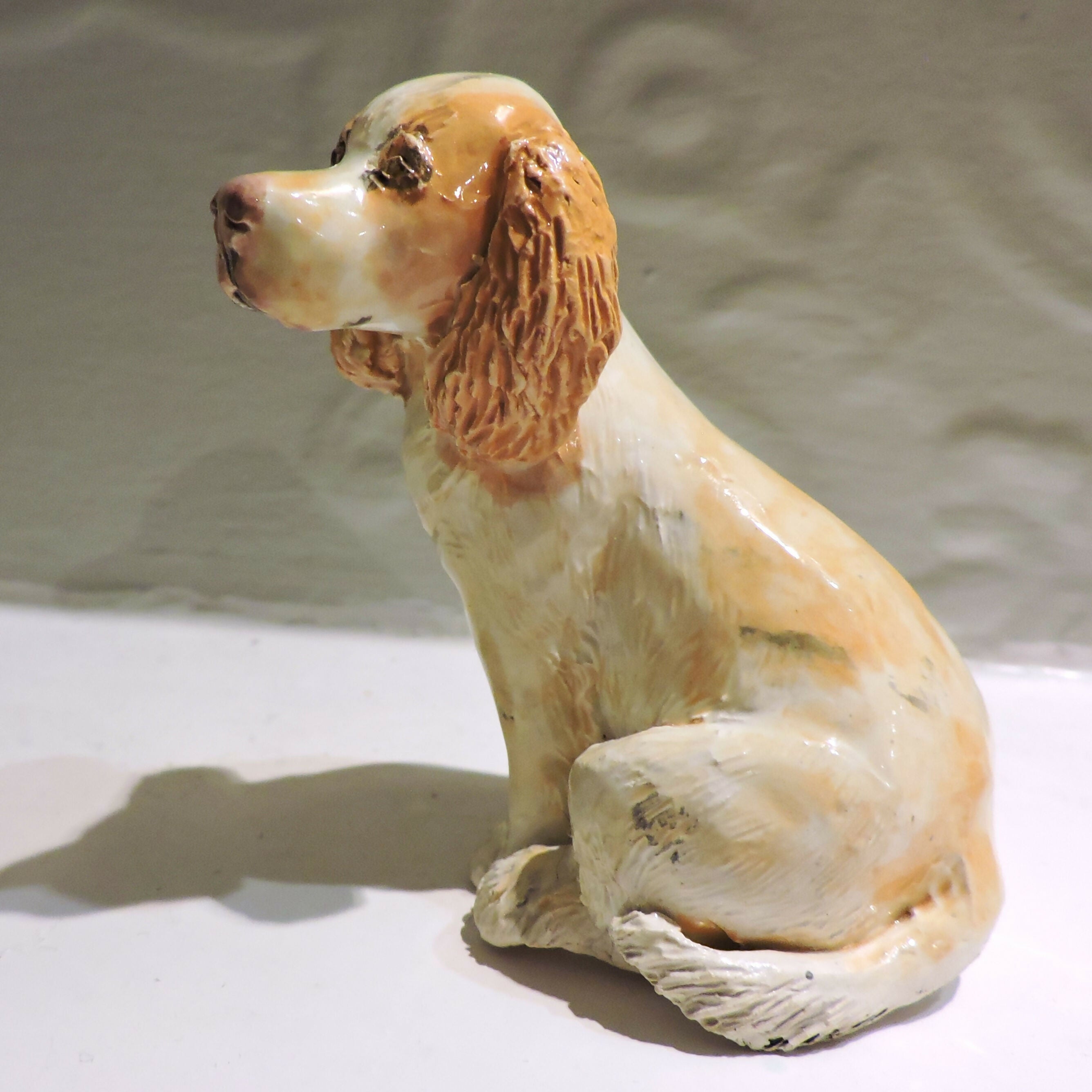 Ceramic Cocker Spaniel sculpture, Golden and white