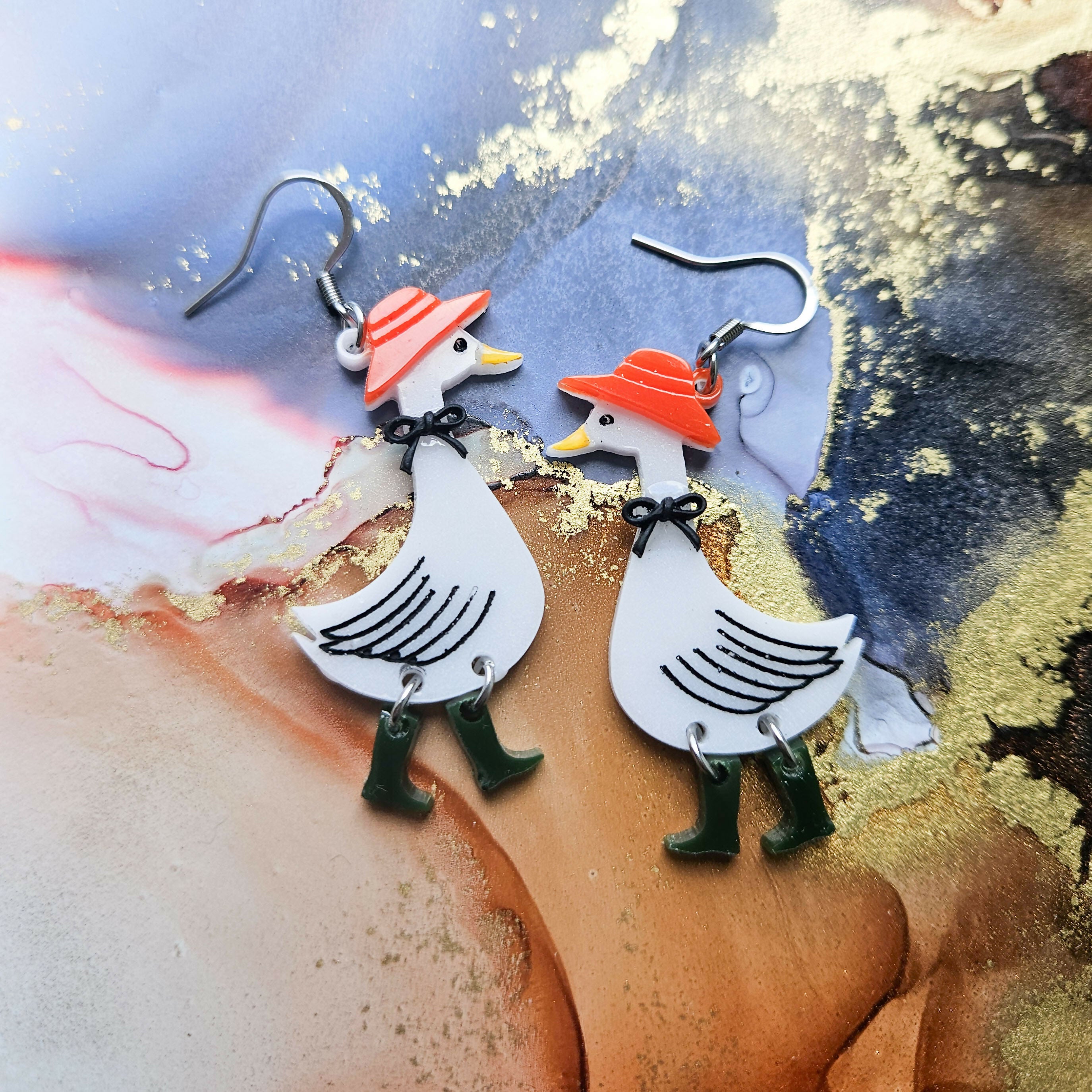 Handmade Autumn Geese With Wellies And Bows Dangle Resin Earrings
